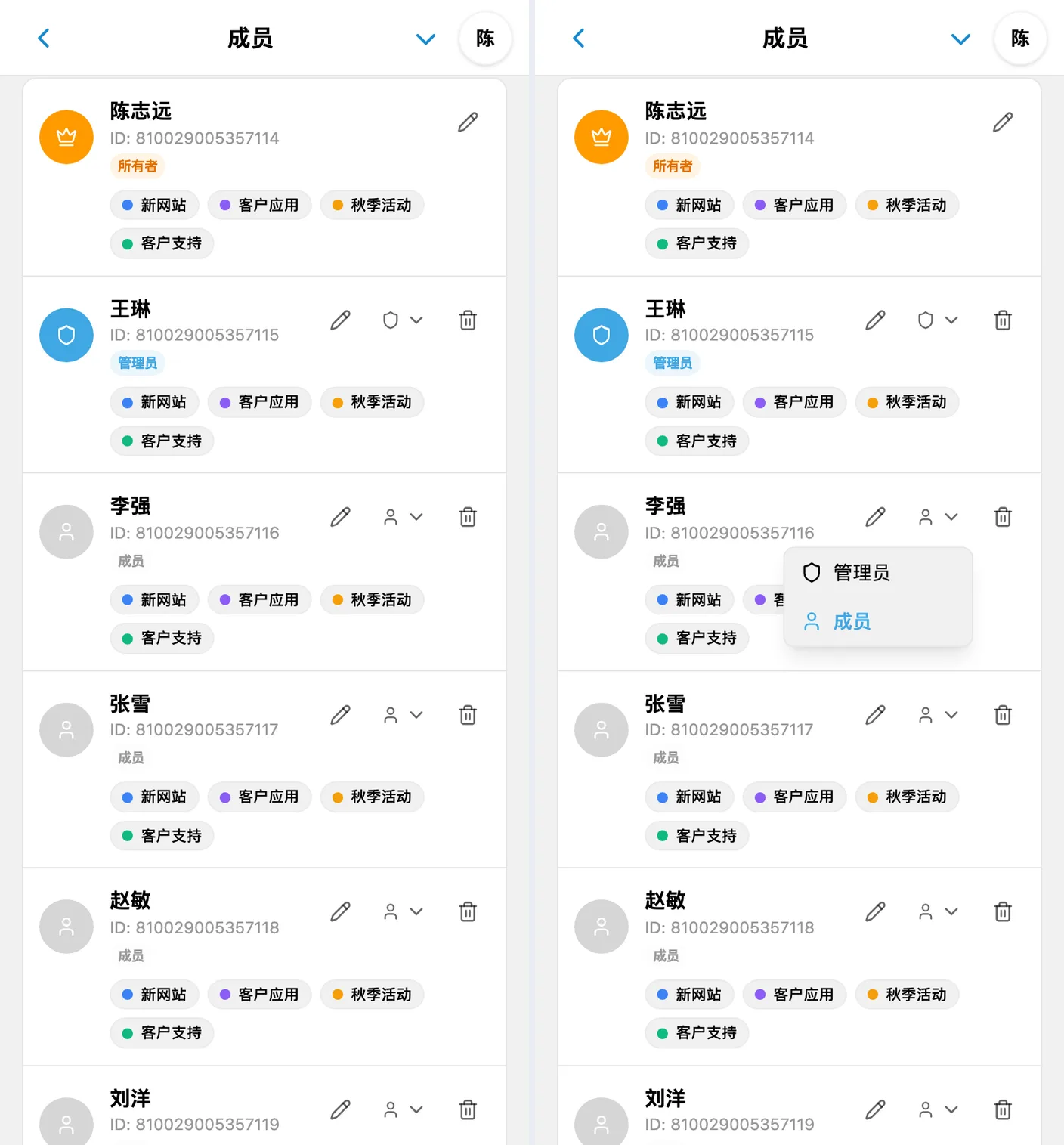 iTasks 工作区的所有者、管理员和成员，角色菜单已打开