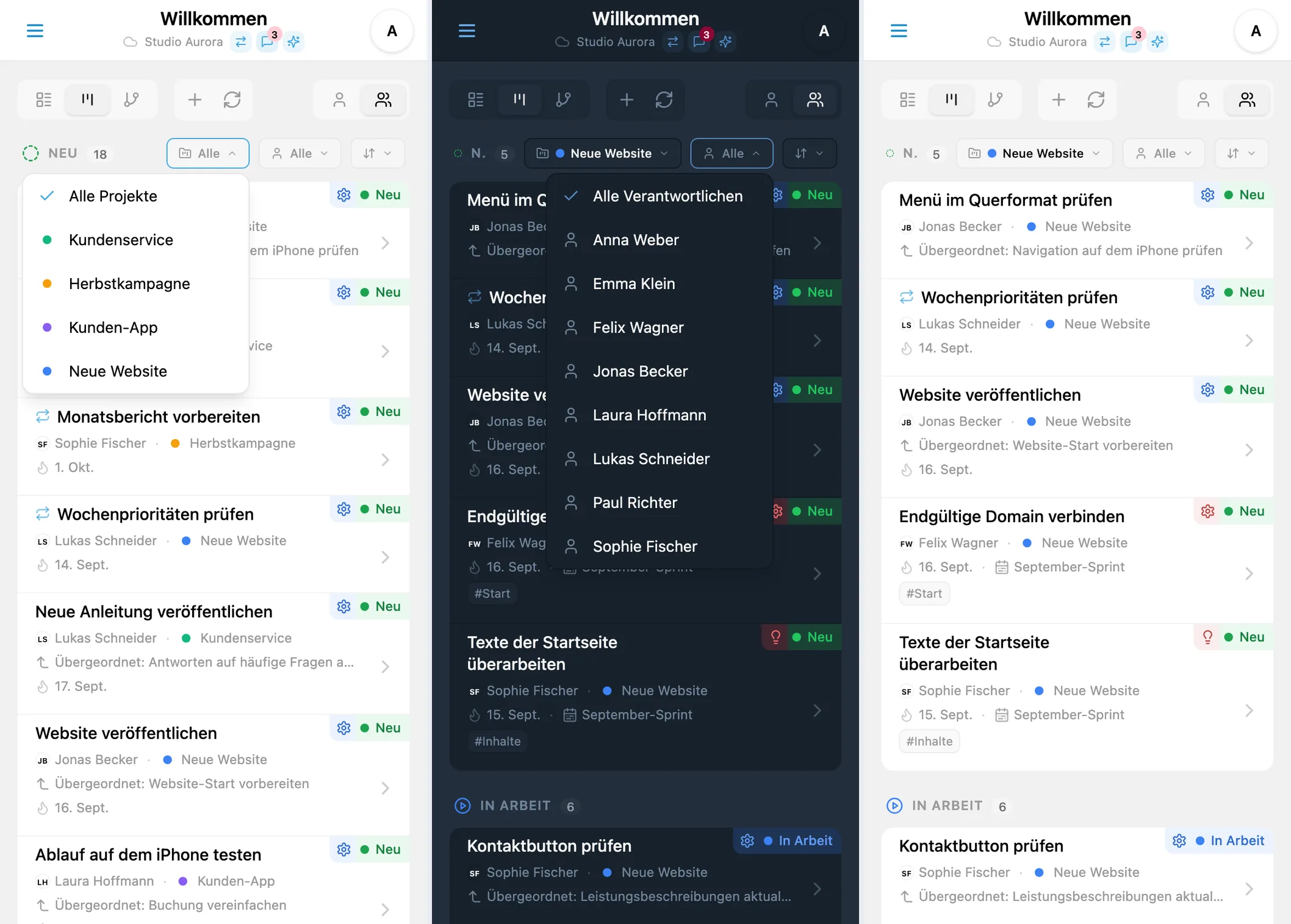 Filter der iTasks-Hauptansicht: Verantwortliche, Projekt, eigene oder alle Aufgaben und sichtbare Status im Projektbaum