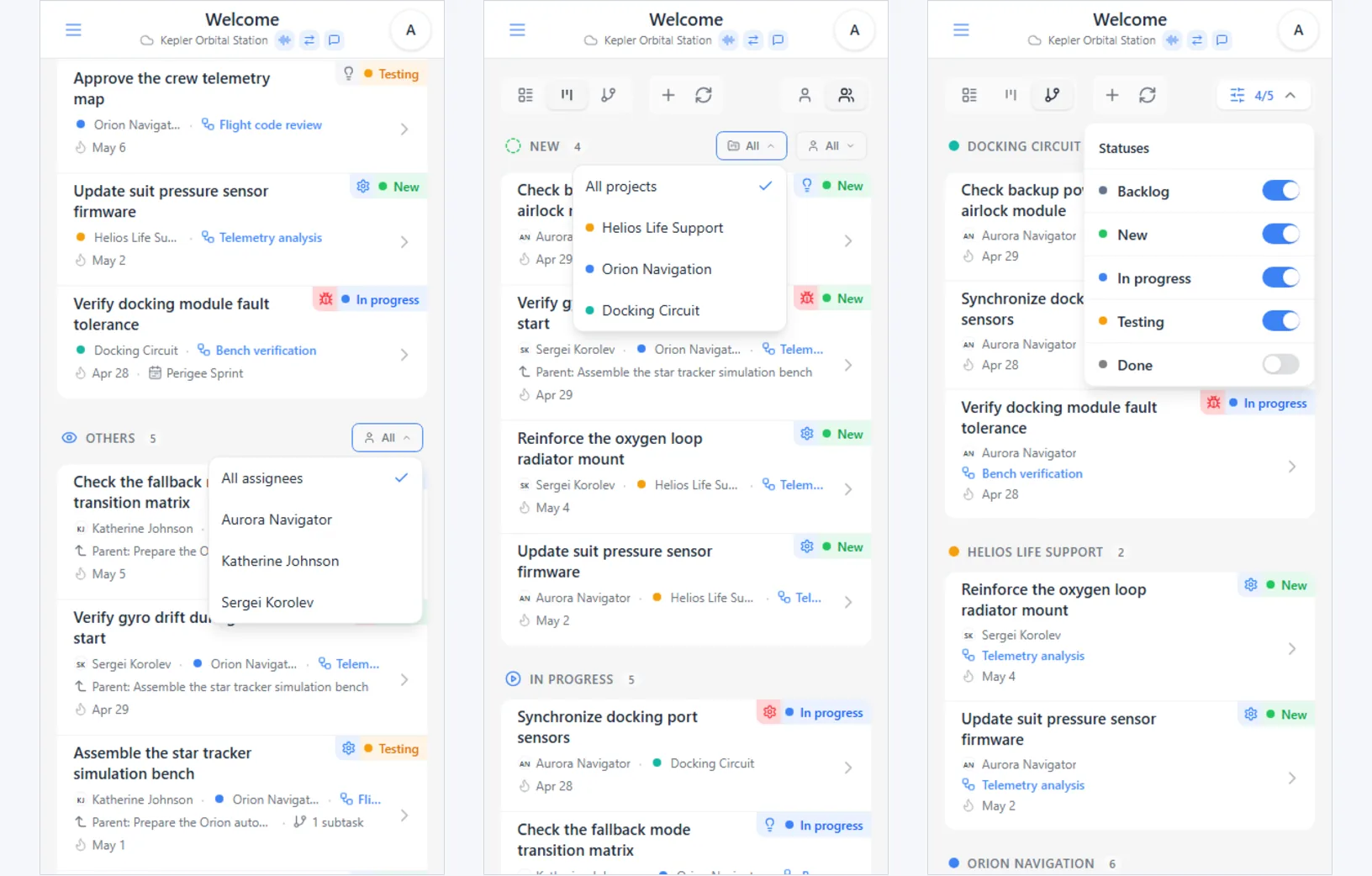 iTasks main screen filters: assignee, project, mine or all tasks, and visible statuses in the project tree