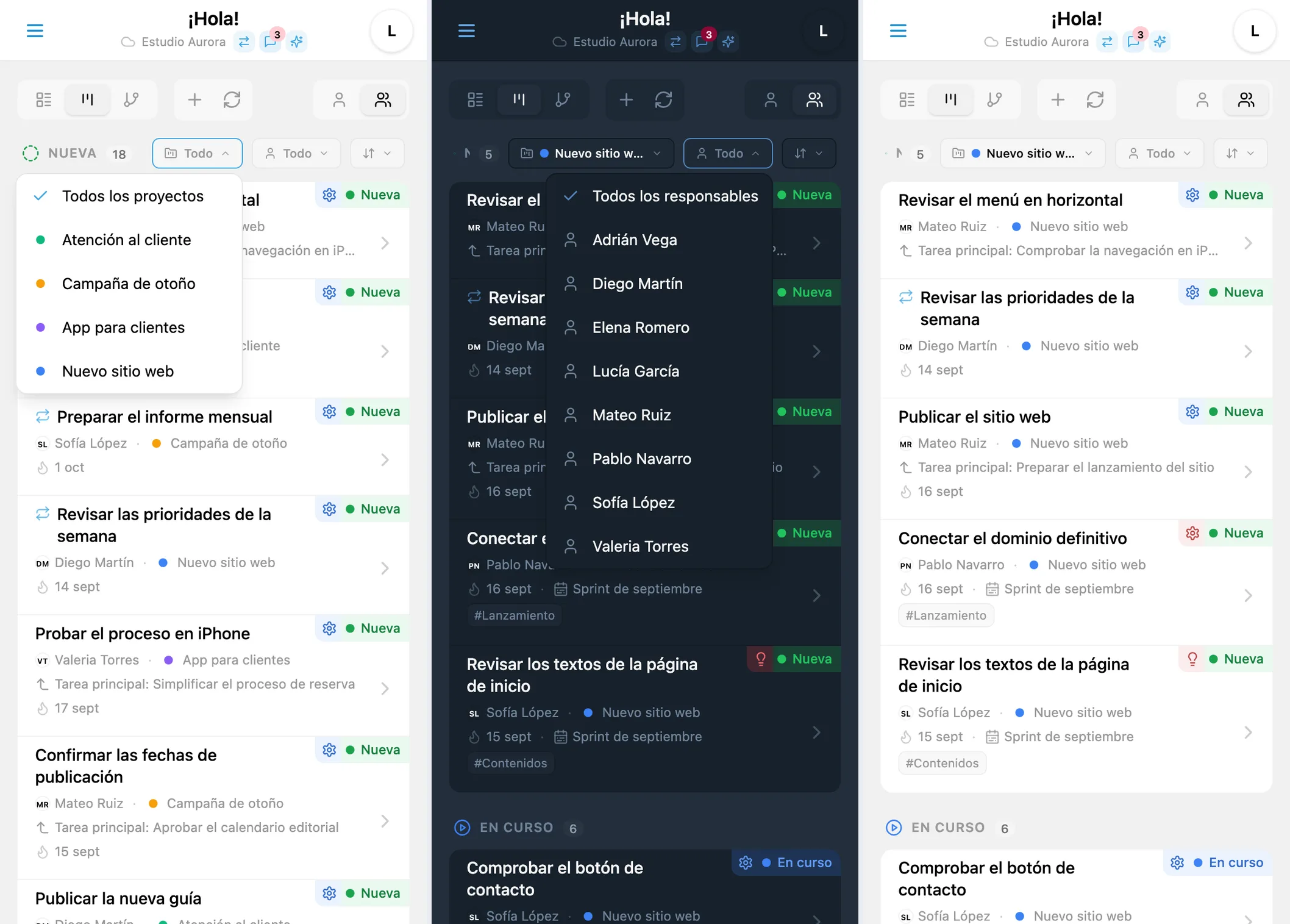 Filtros de la pantalla principal de iTasks: responsable, proyecto, tareas propias o todas y estados visibles en el árbol de proyectos