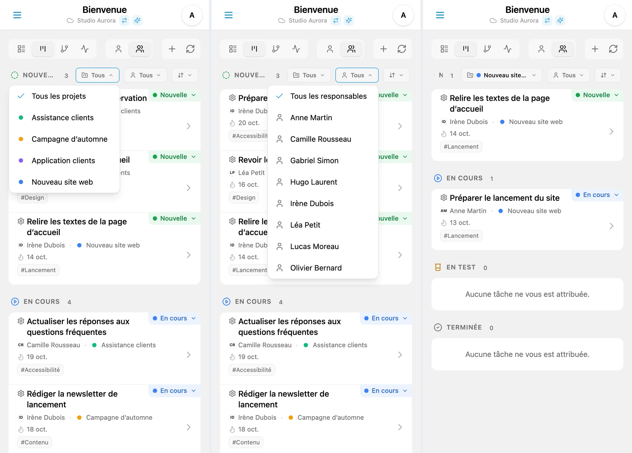 Filtres Kanban iTasks : sélection du projet et du responsable, puis tâches filtrées