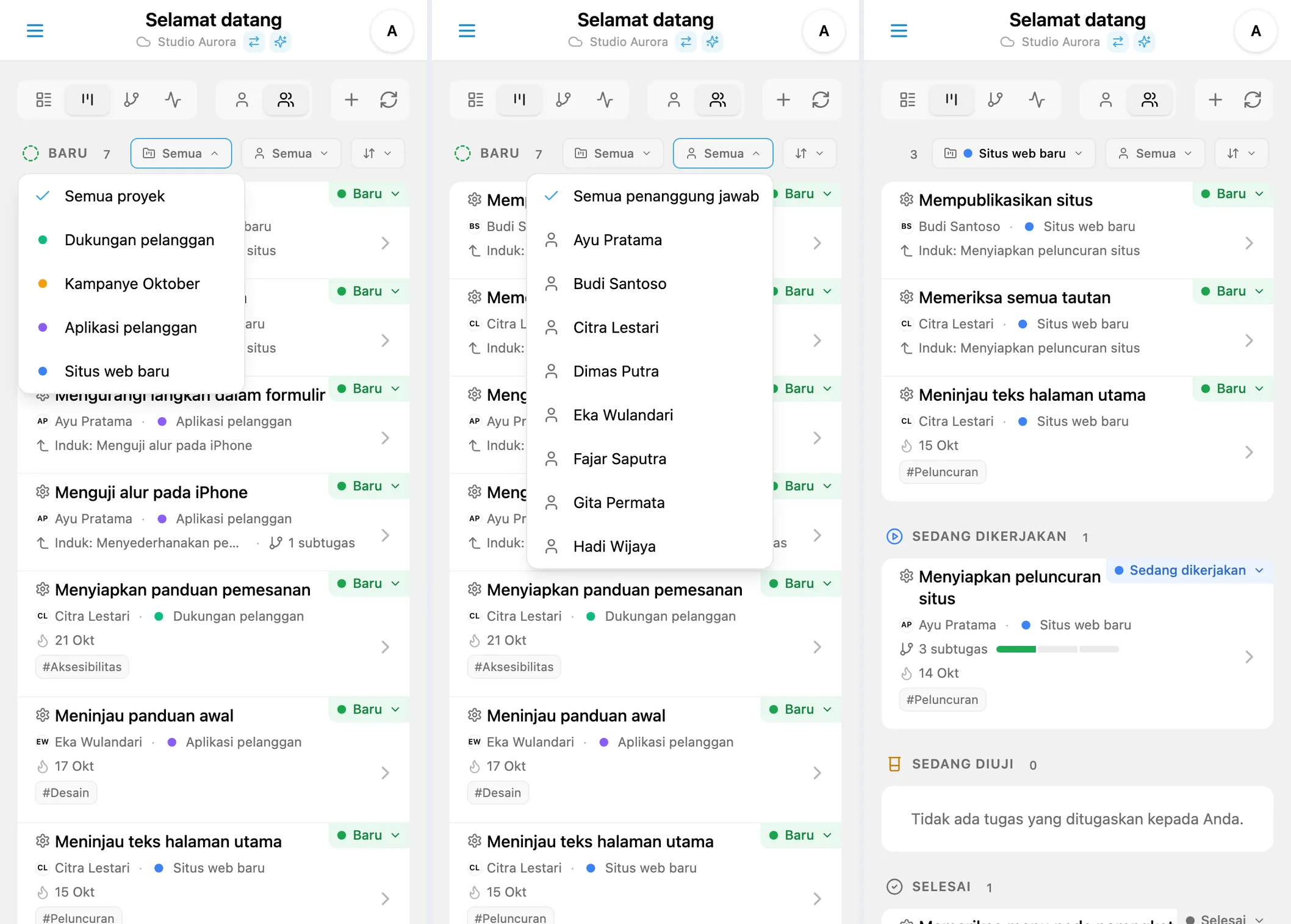 Filter Kanban iTasks: memilih proyek dan penanggung jawab, lalu melihat tugas hasil filter