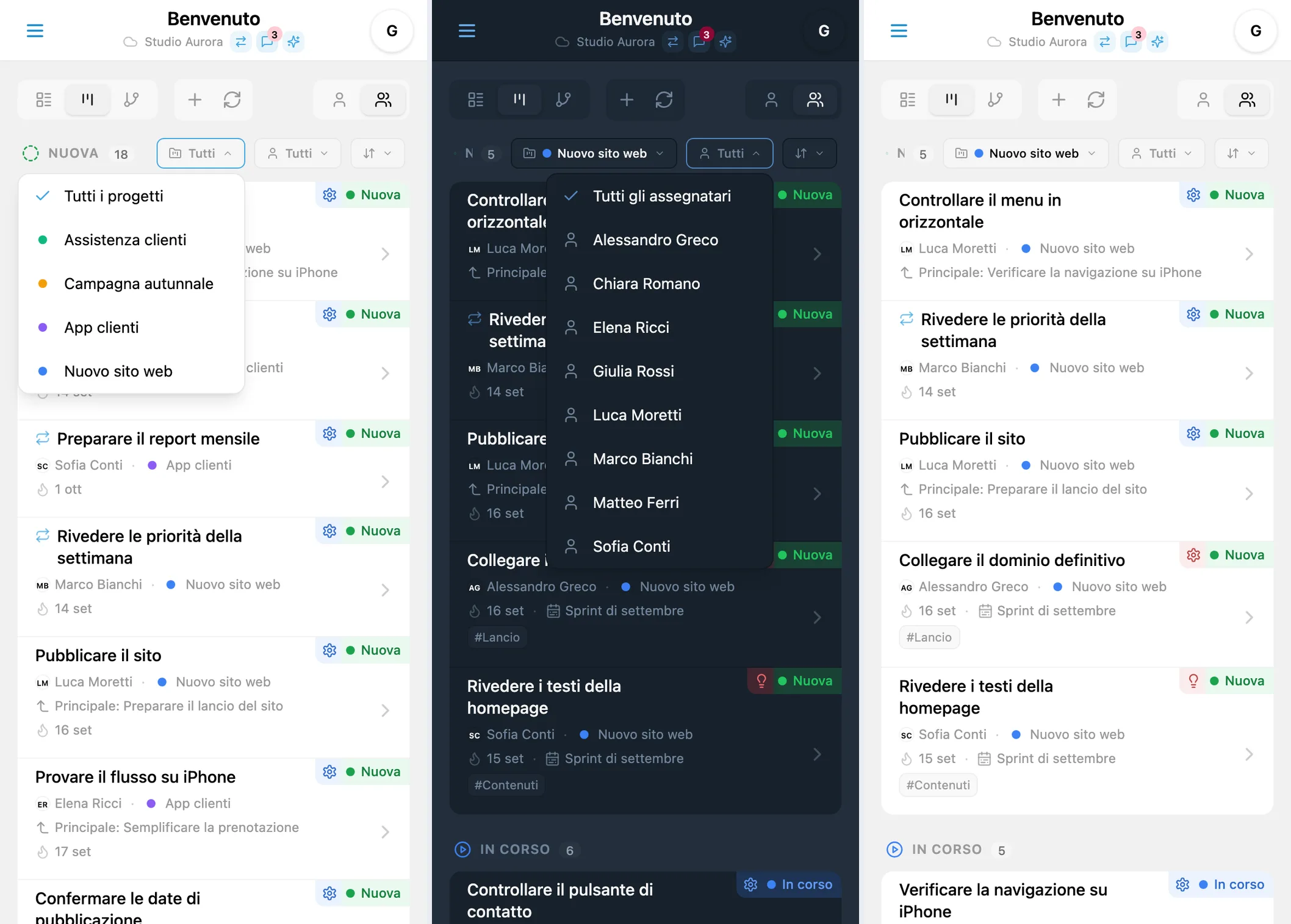 Filtri per progetto e assegnatario e attività del progetto selezionato in Kanban