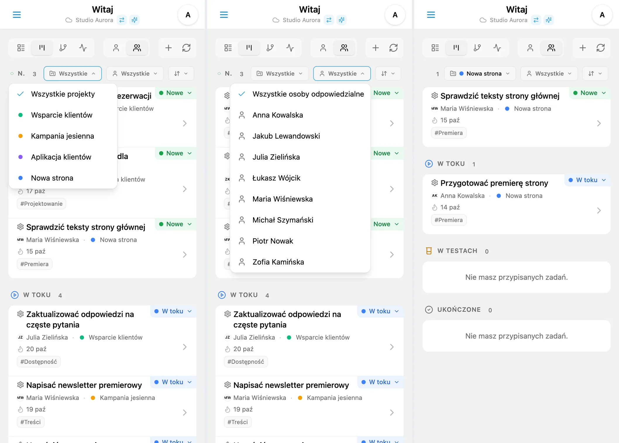 Filtry Kanban iTasks: wybór projektu i osoby odpowiedzialnej oraz przefiltrowane zadania