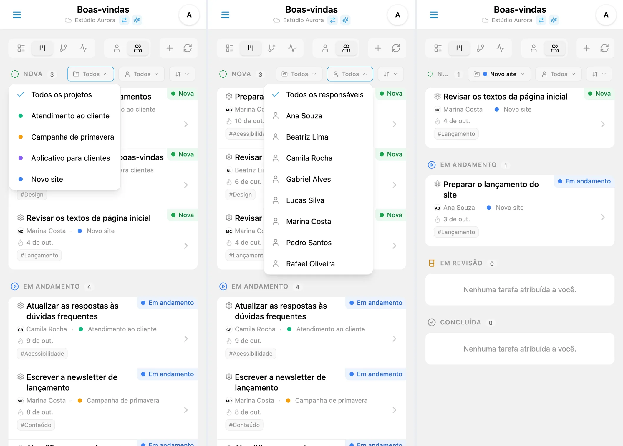 Filtros do Kanban no iTasks: escolha de projeto e responsável e resultado filtrado