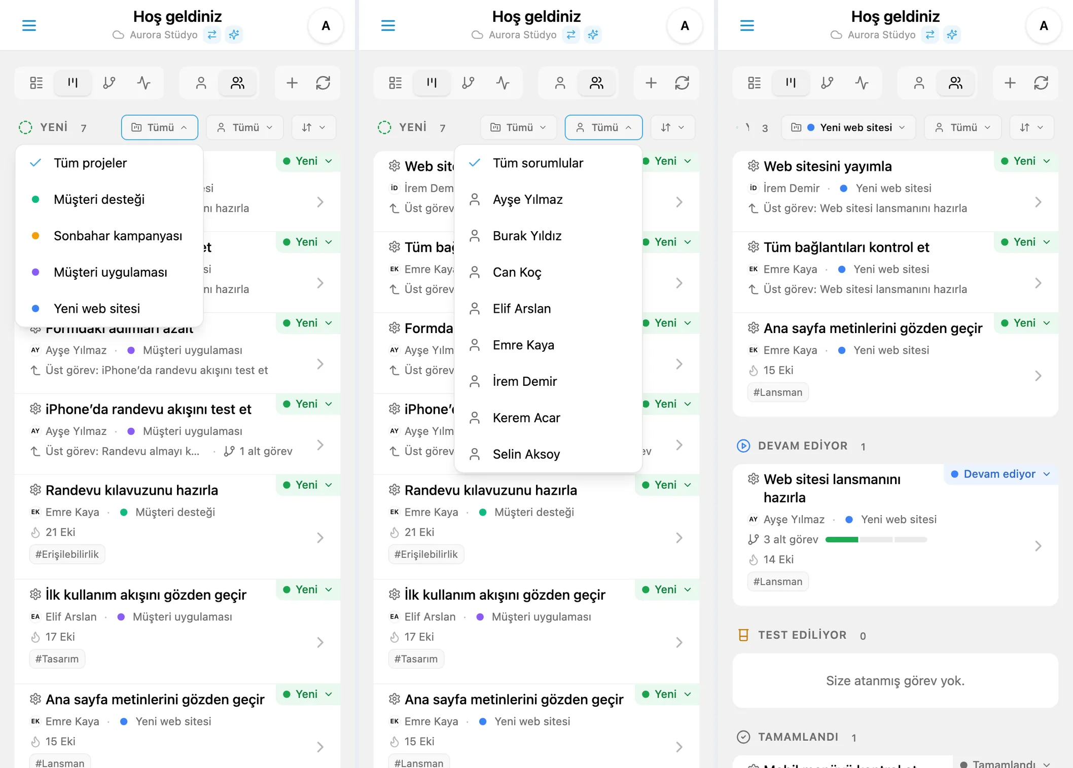 iTasks Kanban filtreleri: proje ve sorumlu seçimi, ardından filtrelenmiş görevler
