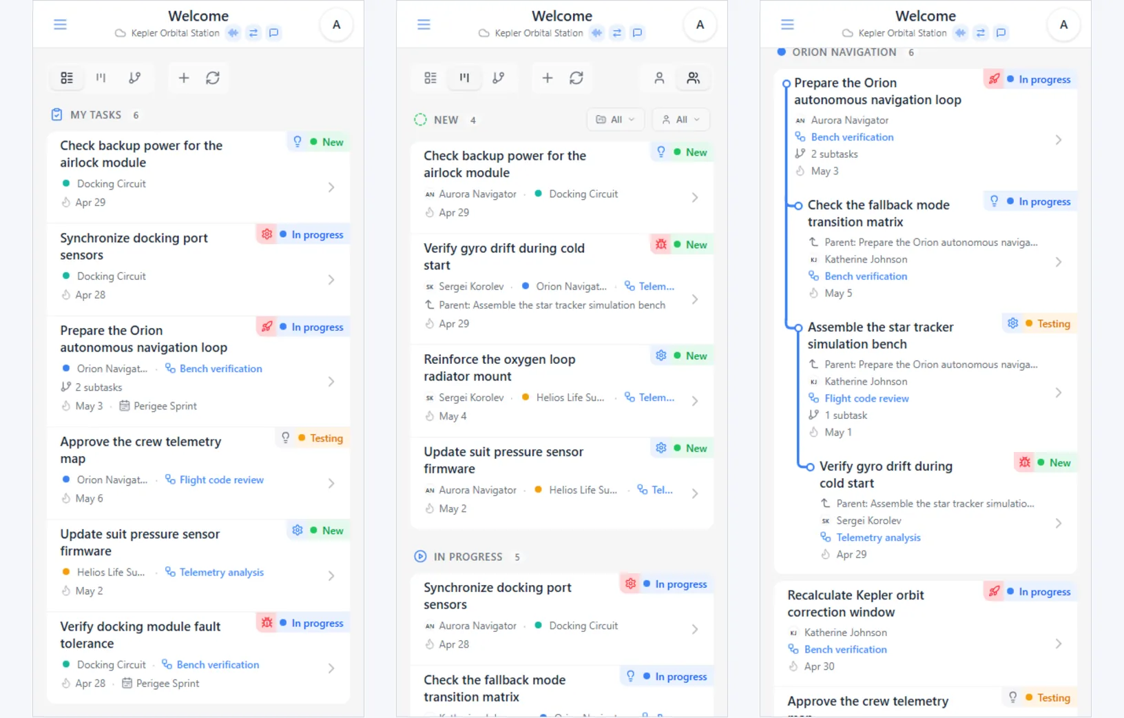 The iTasks main screen in three modes: task list, Kanban, and project tree with nested tasks