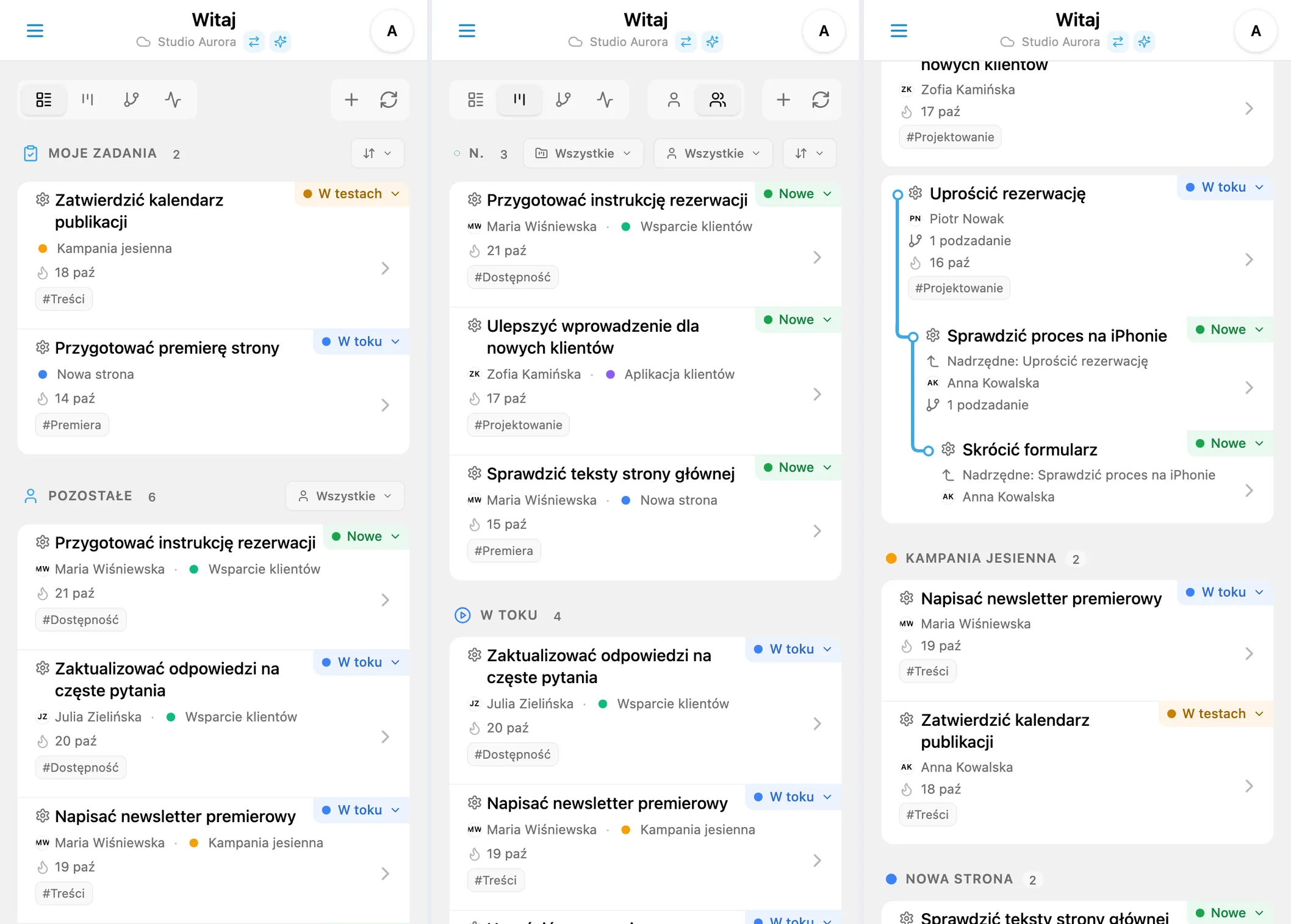 Ekran główny iTasks: lista, tablica Kanban i drzewo projektów z zagnieżdżonymi zadaniami