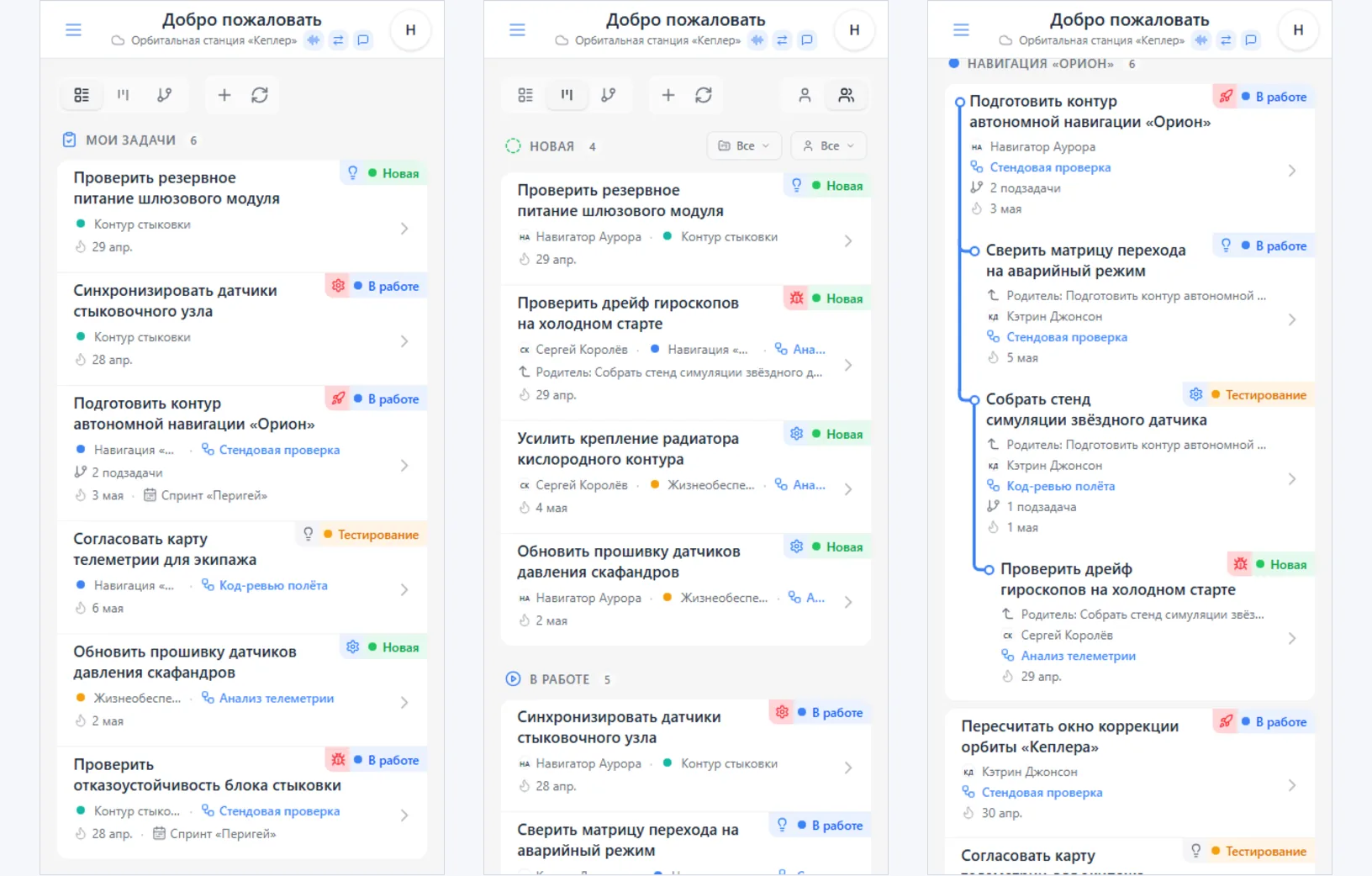 Главный экран iTasks в трех режимах: список задач, канбан и проектное дерево с вложенными задачами