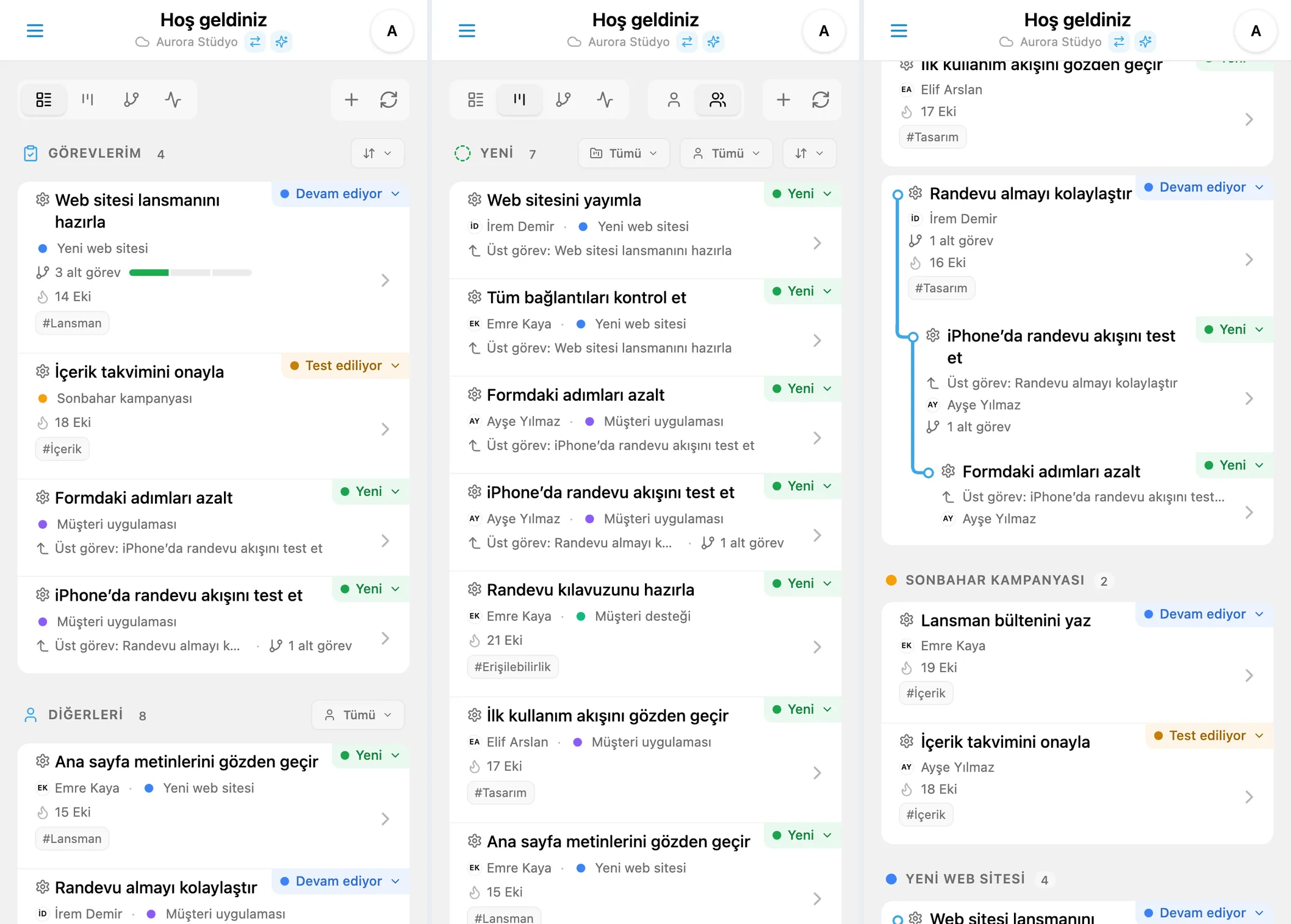 iTasks ana ekranının üç görünümü: görev listesi, Kanban ve iç içe görevlerle proje ağacı