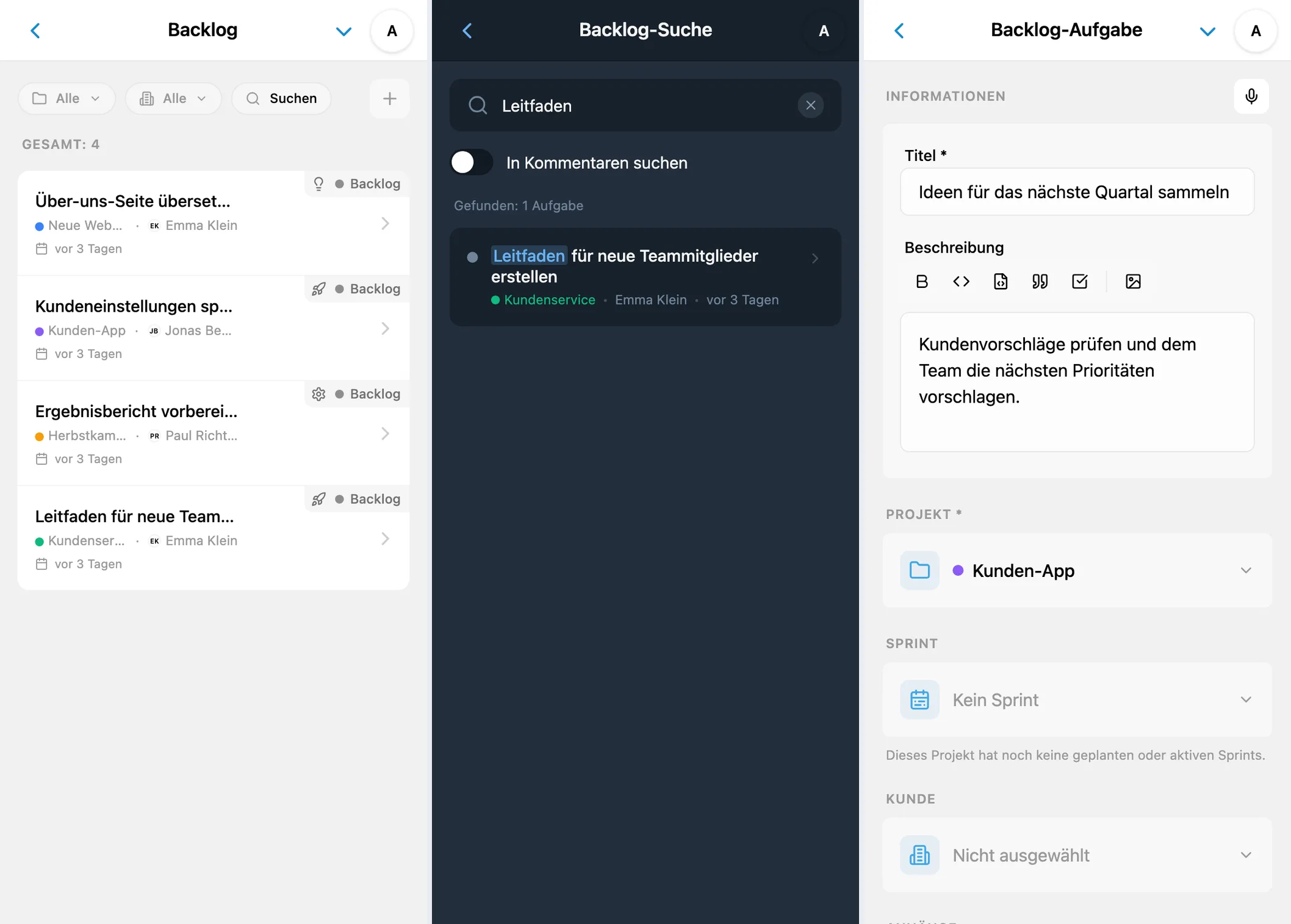 Backlog-Liste, Suche nach einer späteren Aufgabe und Formular für einen neuen Eintrag