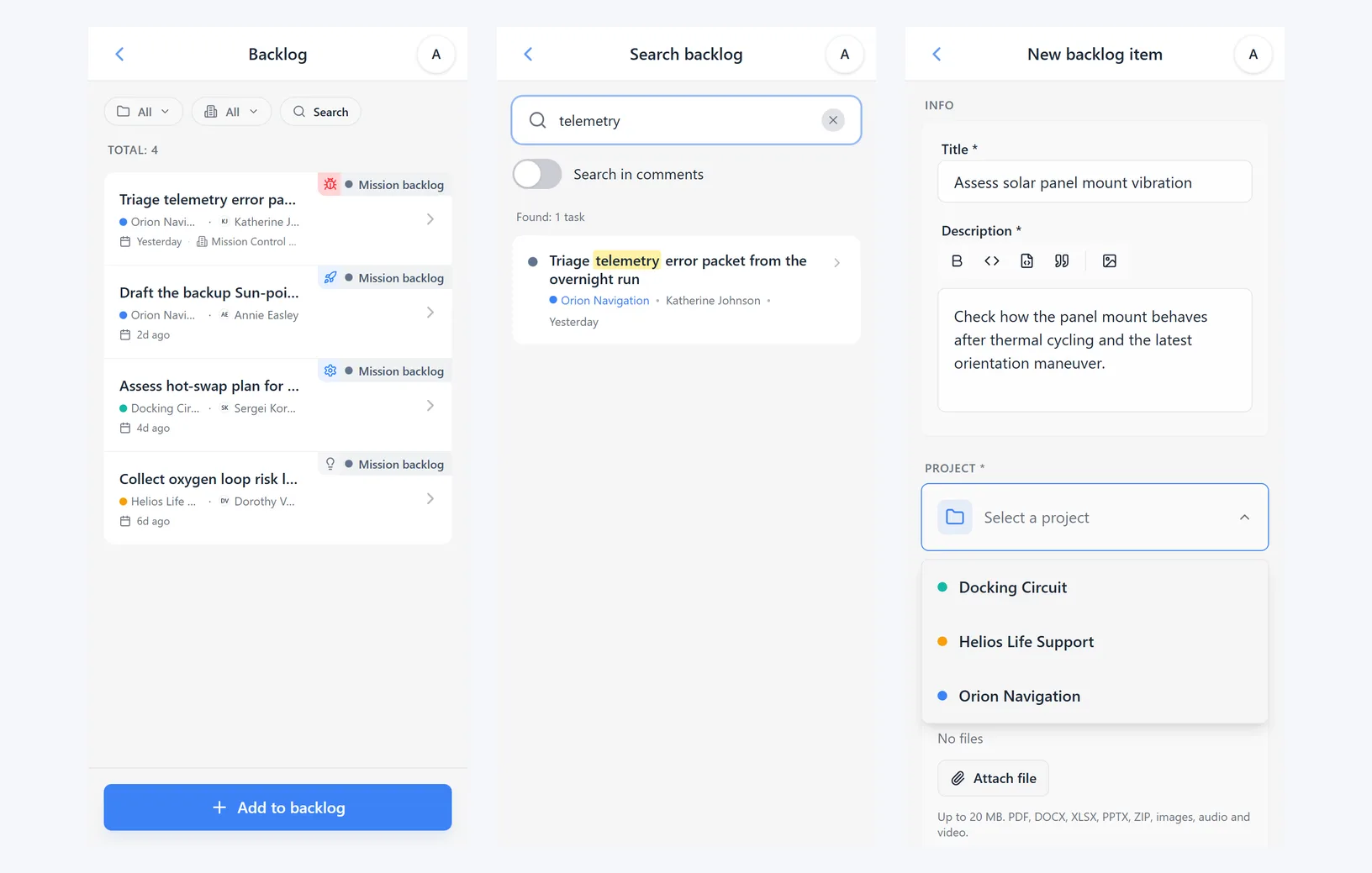 iTasks backlog list, backlog search, and new backlog item form