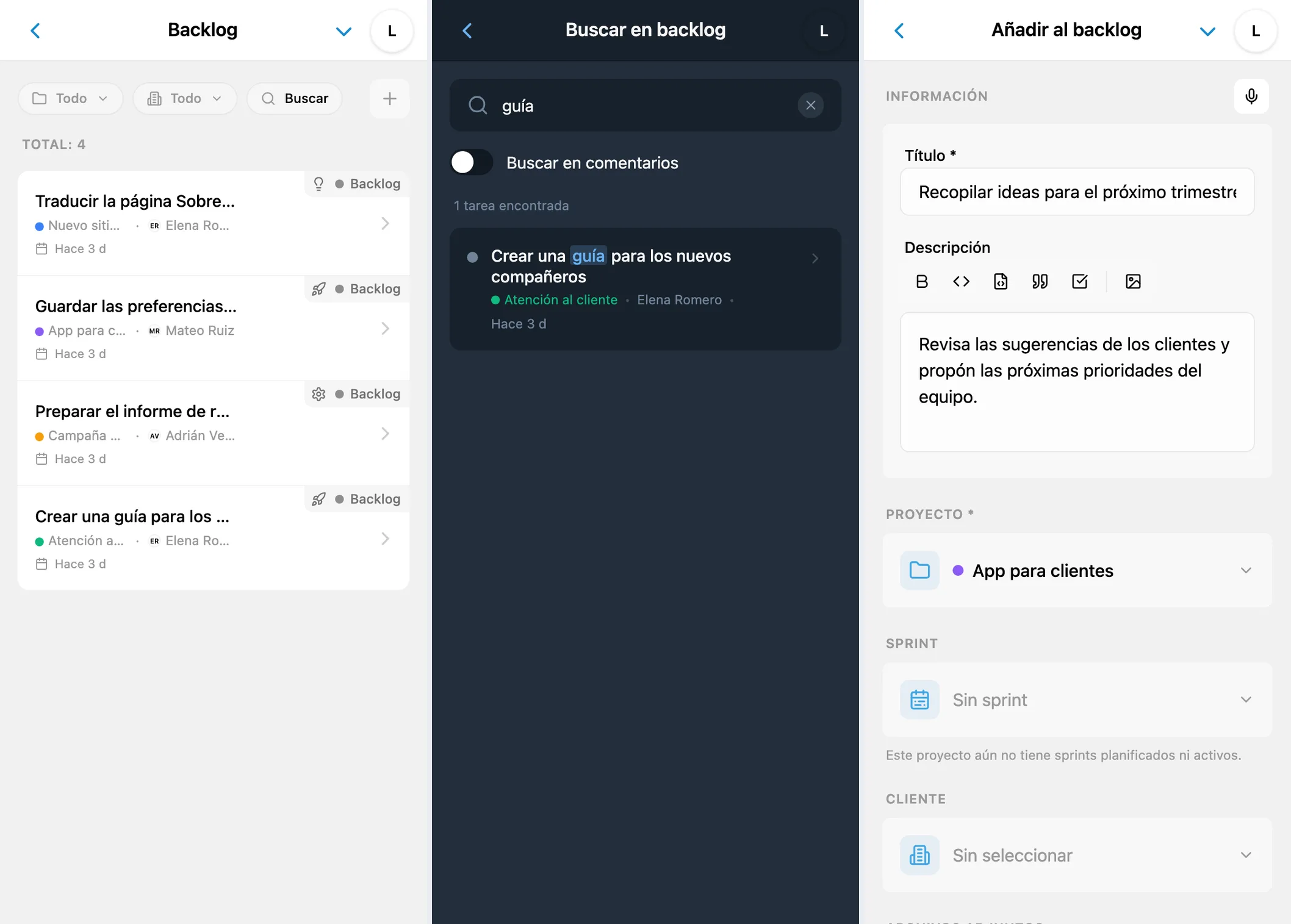 Lista del backlog, búsqueda de una tarea futura y formulario de nueva tarea en backlog