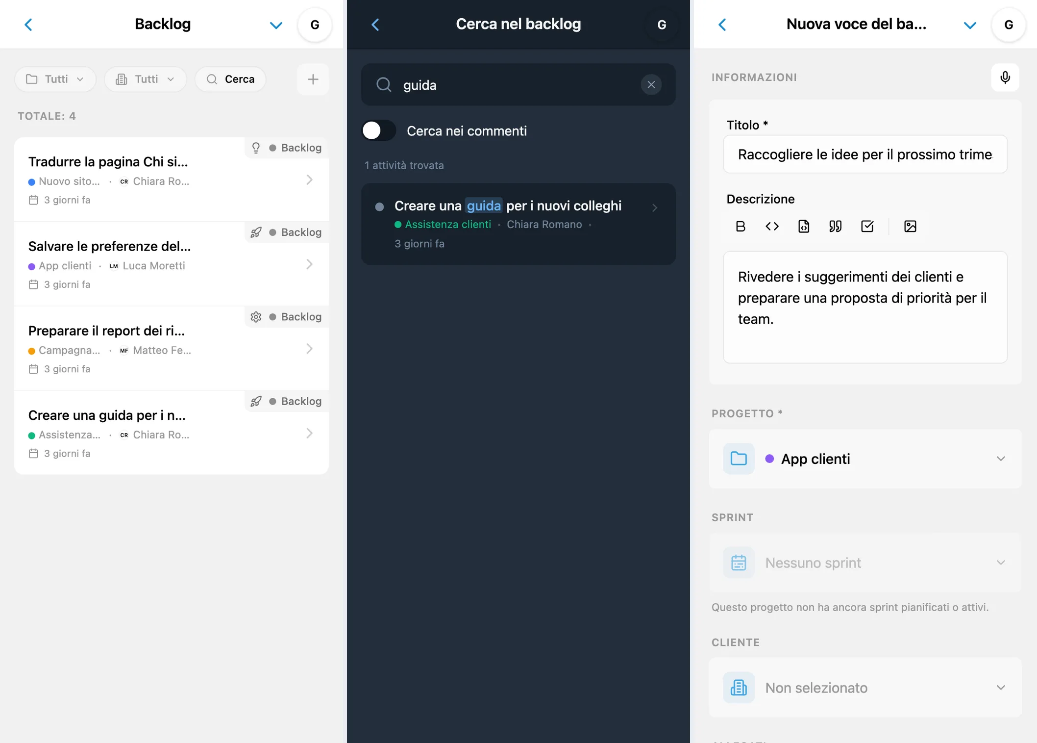 Backlog di iTasks: elenco delle attività future, ricerca di una guida e modulo per una nuova voce