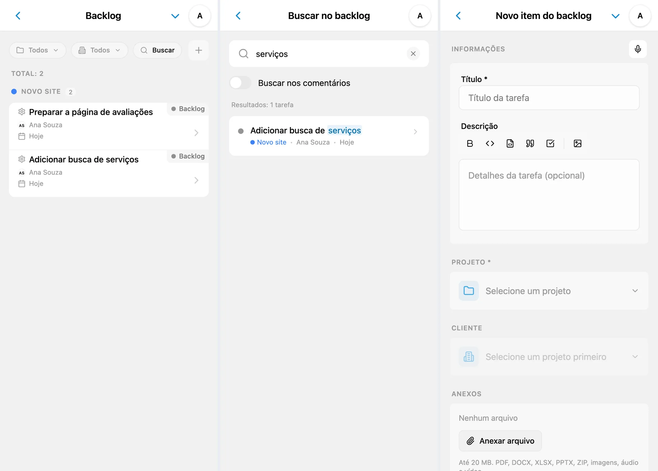 Lista do backlog, busca de uma tarefa futura e formulário de novo item