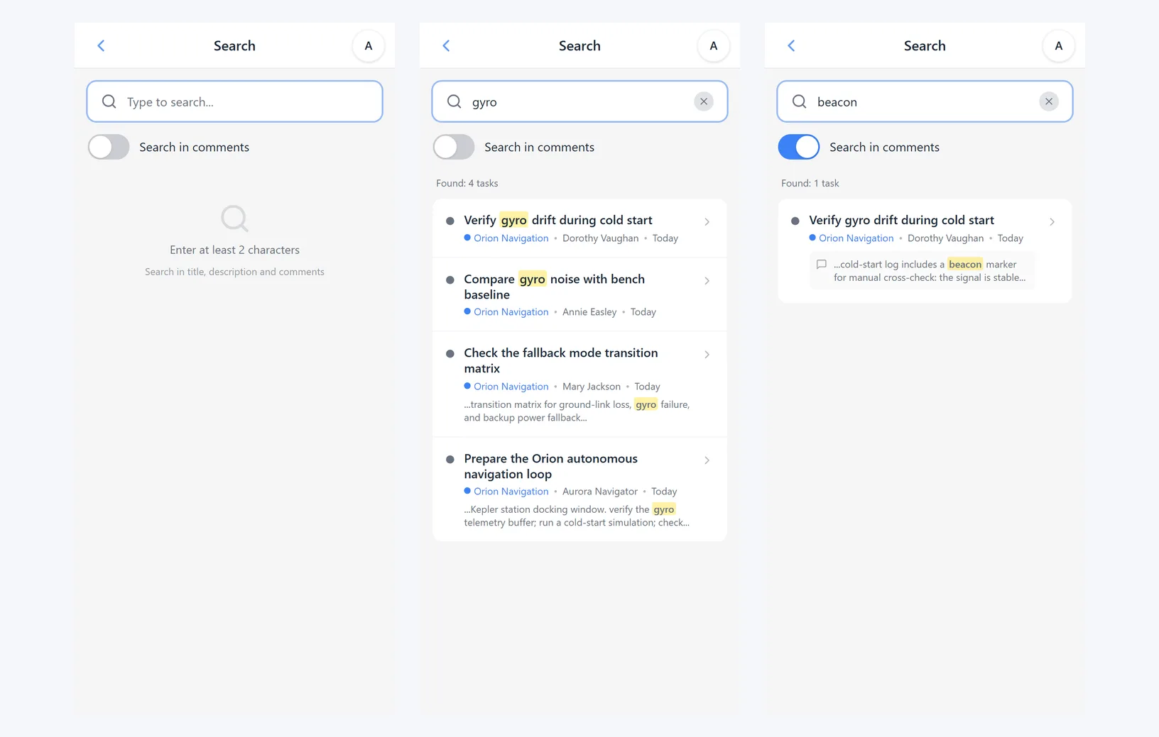 iTasks search screen, task search results, and comment search results