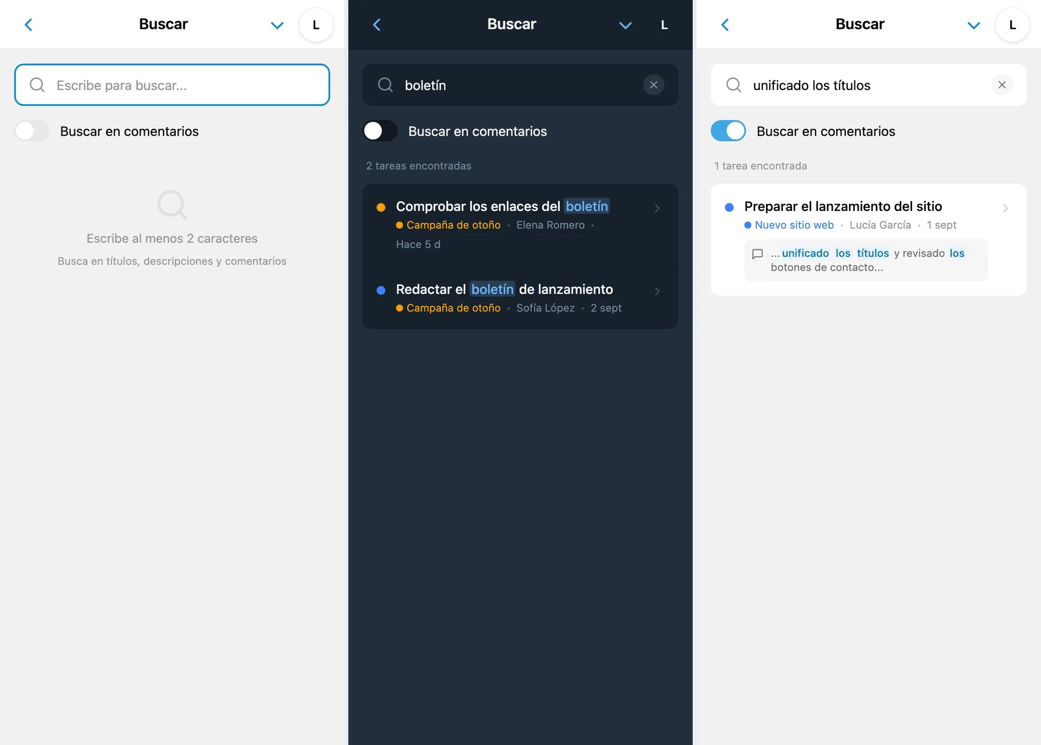 Pantalla de búsqueda, resultados de tareas y búsqueda en comentarios
