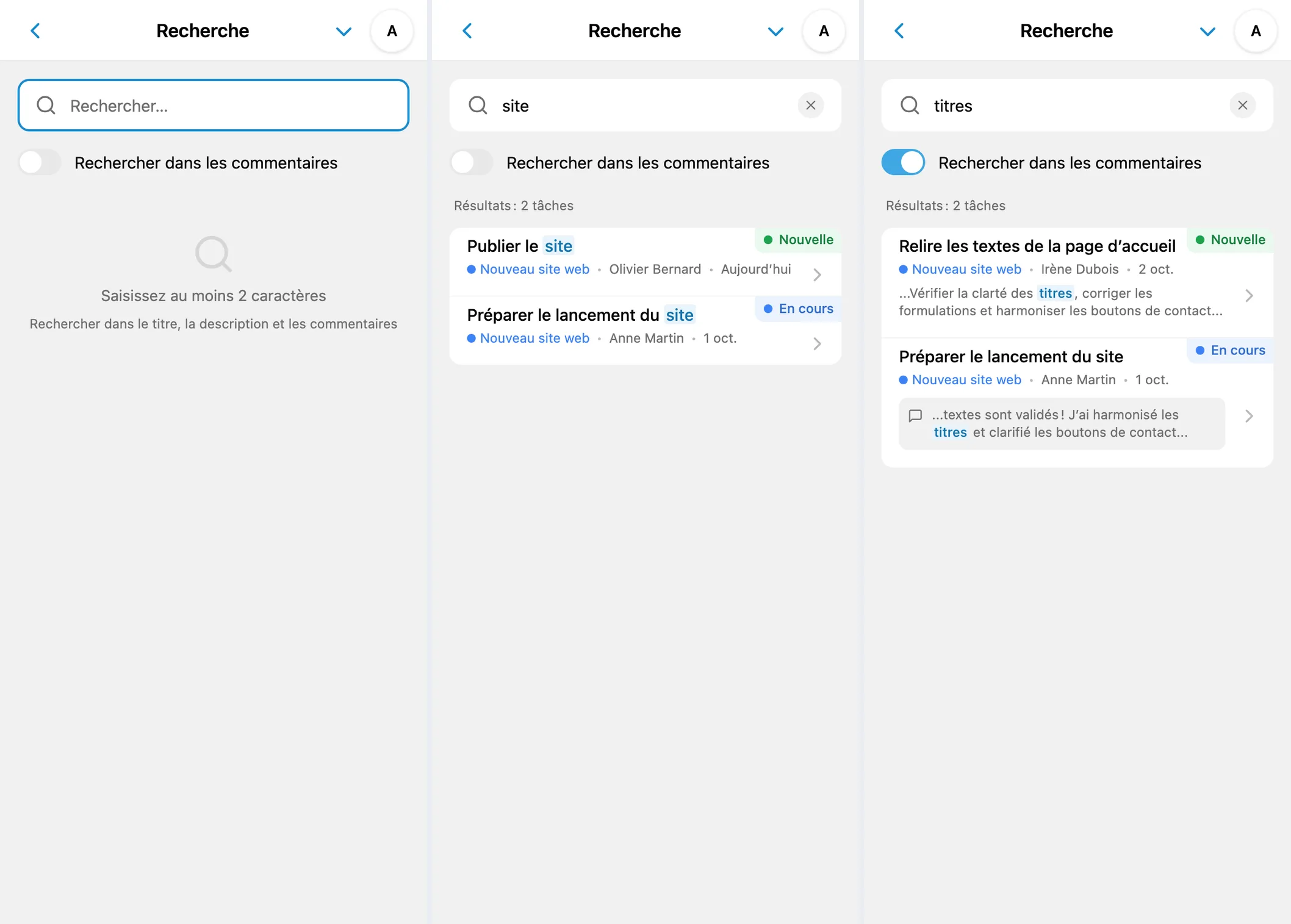 Écran de recherche, résultats de tâches et recherche dans les commentaires