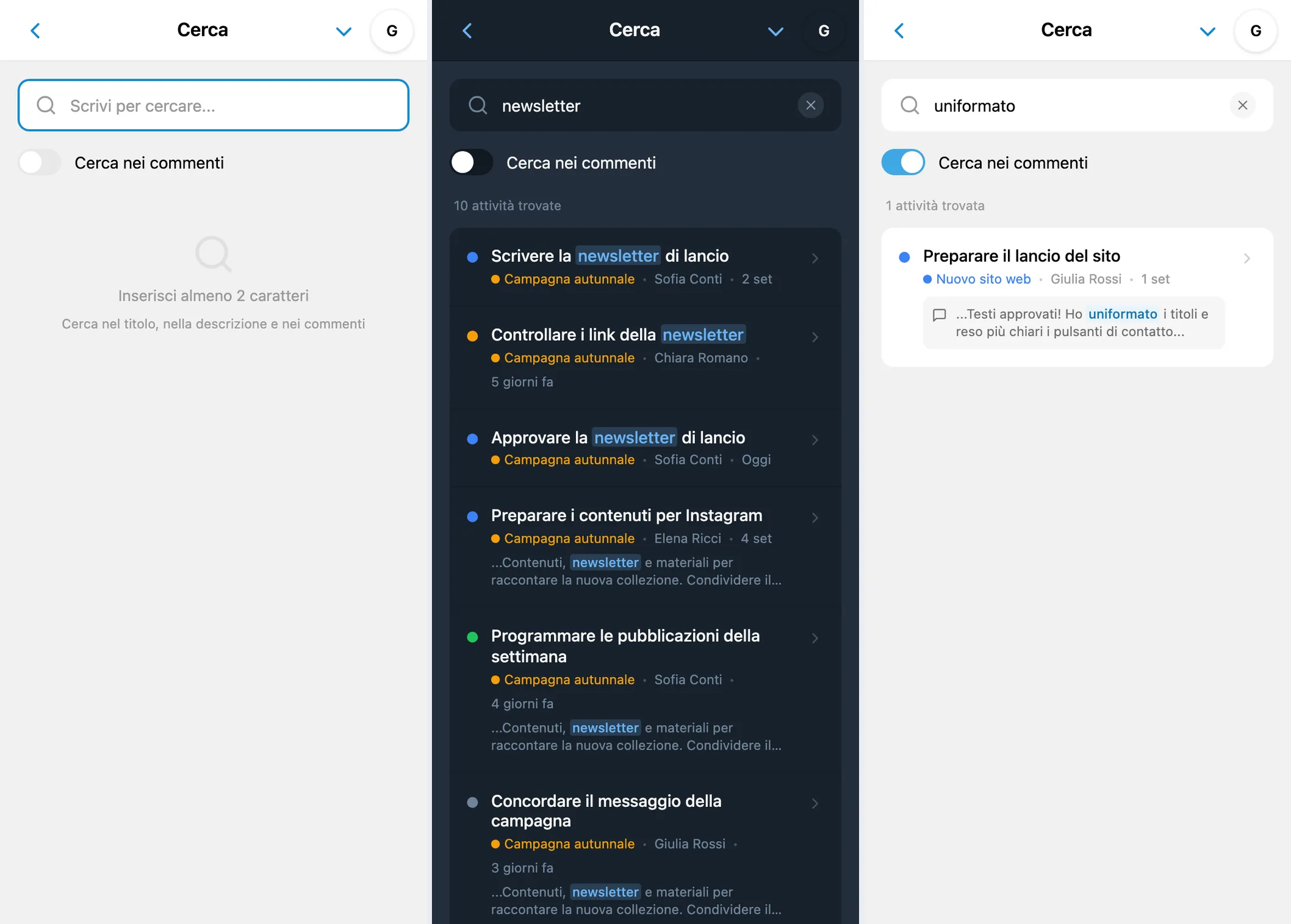 Ricerca in iTasks: schermata iniziale, risultati per newsletter e ricerca nei commenti con il termine uniformato
