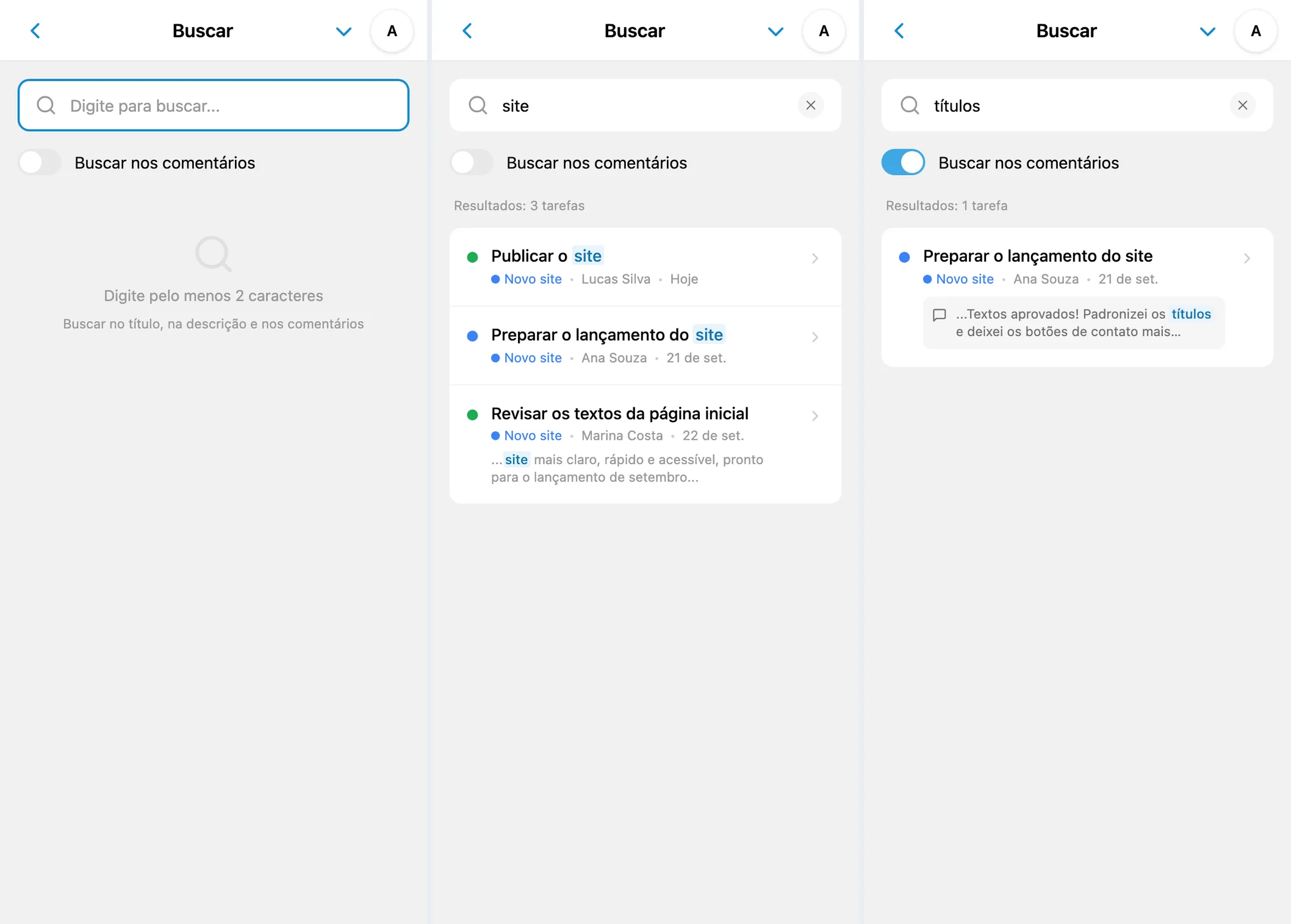 Tela de busca, resultados de tarefas e pesquisa em comentários