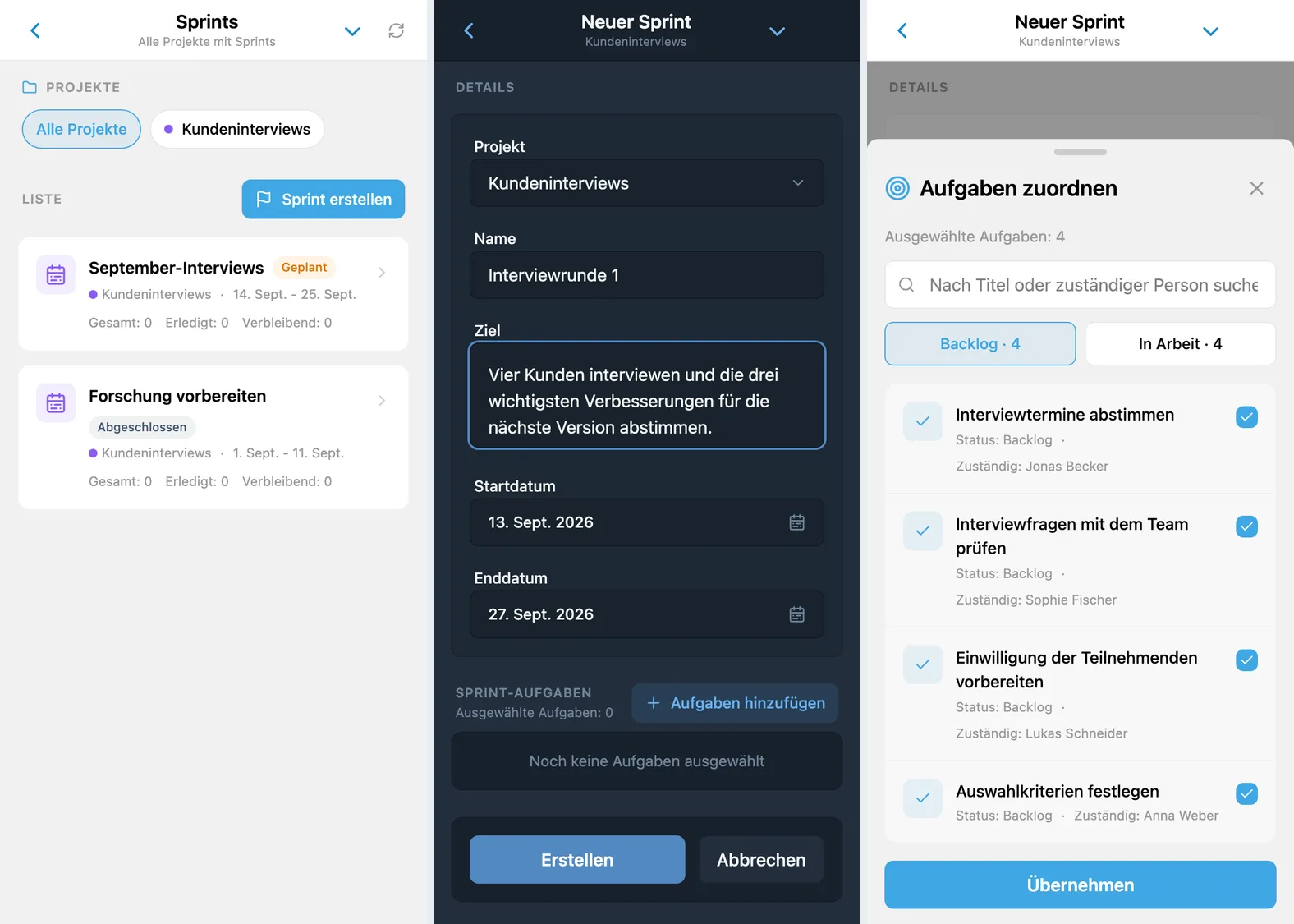 Sprints in iTasks: Projektübersicht, neues Sprintformular und Aufgabenauswahl aus dem Backlog