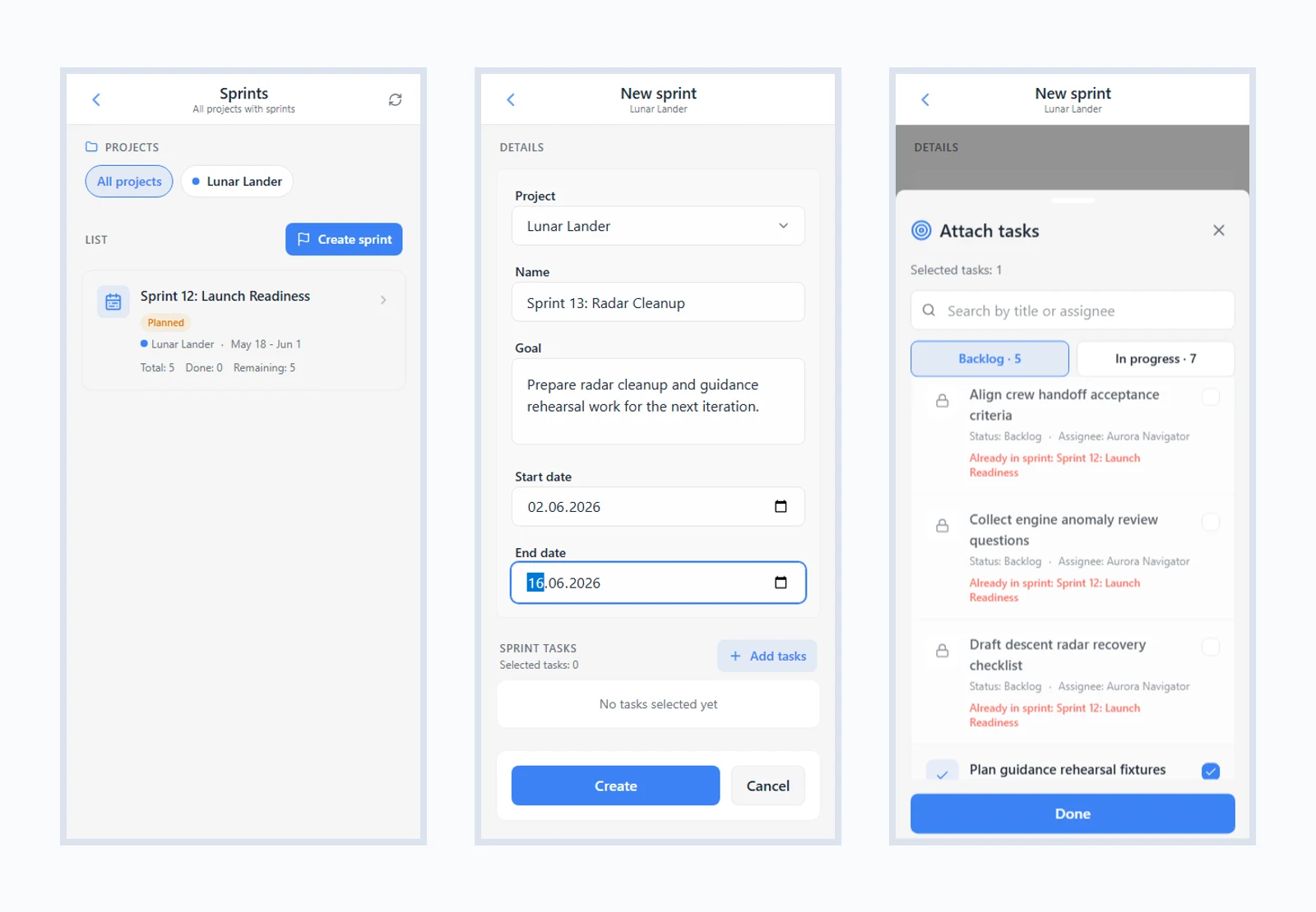 iTasks sprints: project sprint list, sprint creation form, and picking tasks from backlog