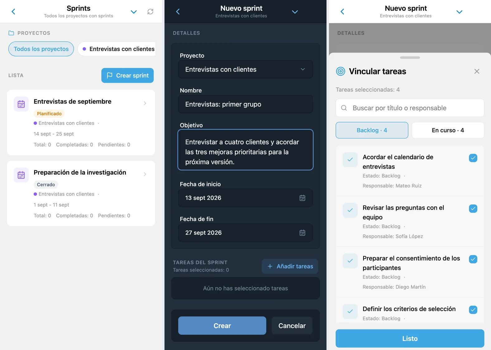 Sprints de iTasks: lista del proyecto, formulario de creación y selección de tareas del backlog