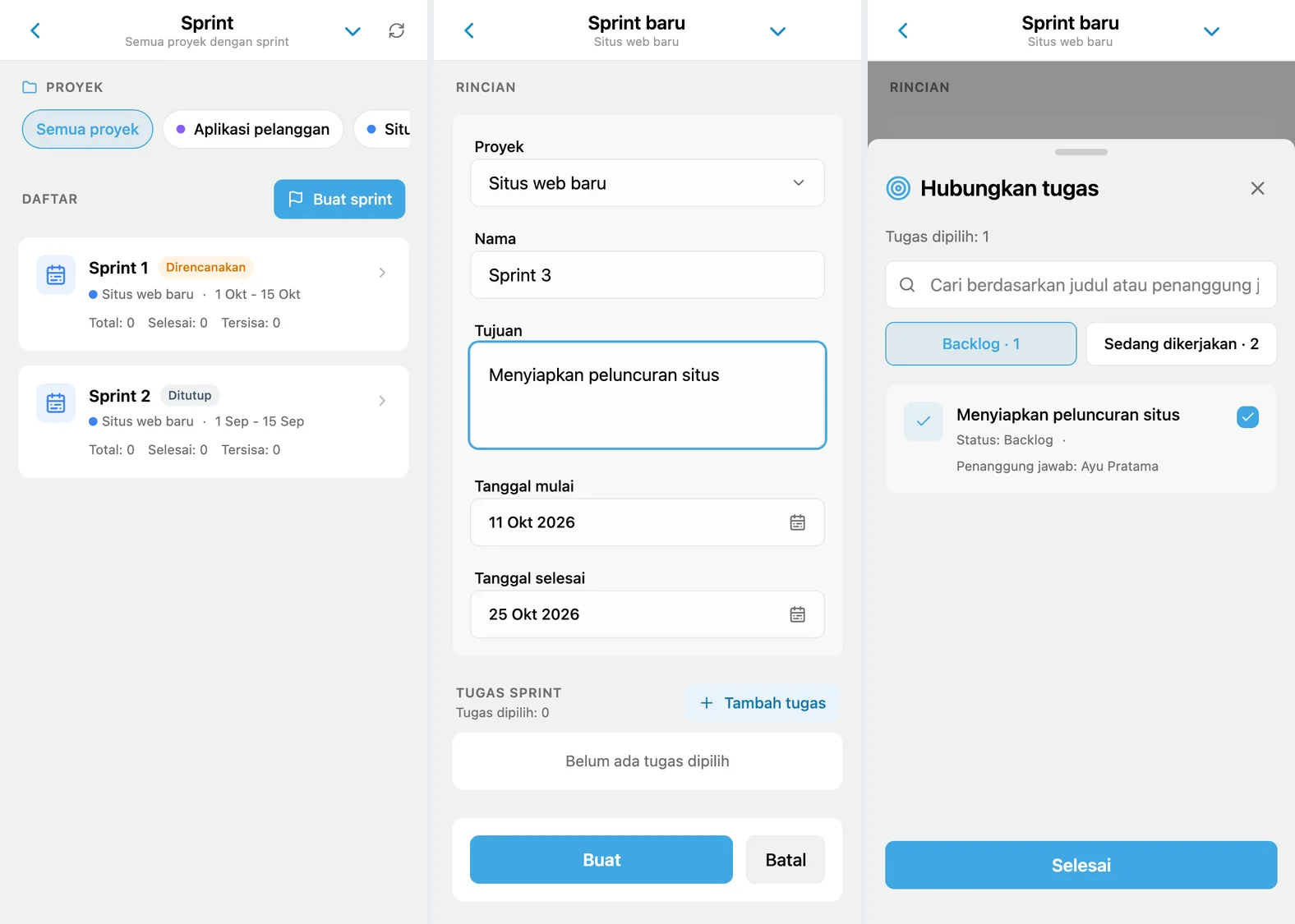 Daftar sprint proyek, pembuatan sprint, dan pemilihan tugas backlog