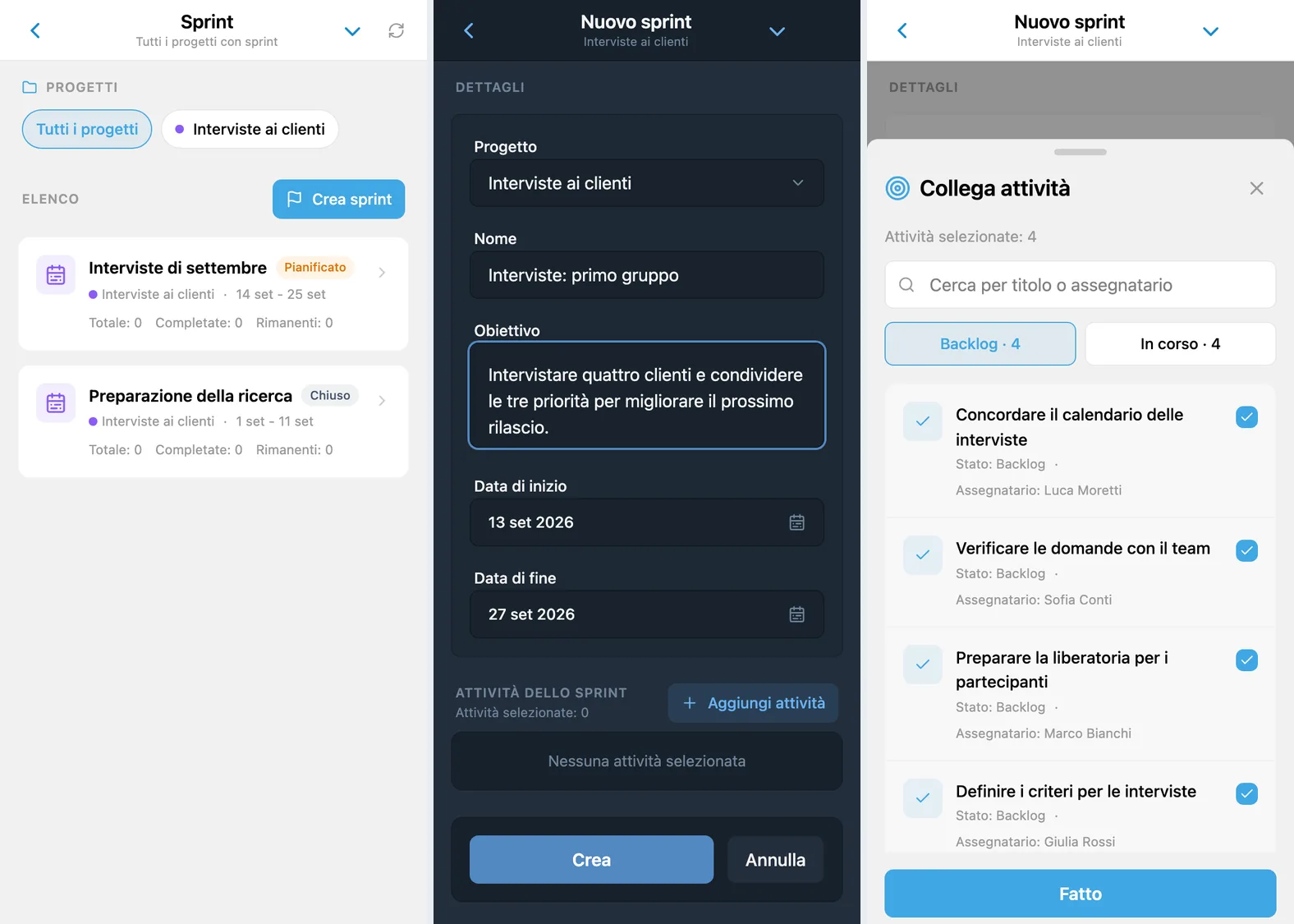 Sprint in iTasks: elenco degli sprint del progetto, modulo di creazione e selezione di attività dal backlog