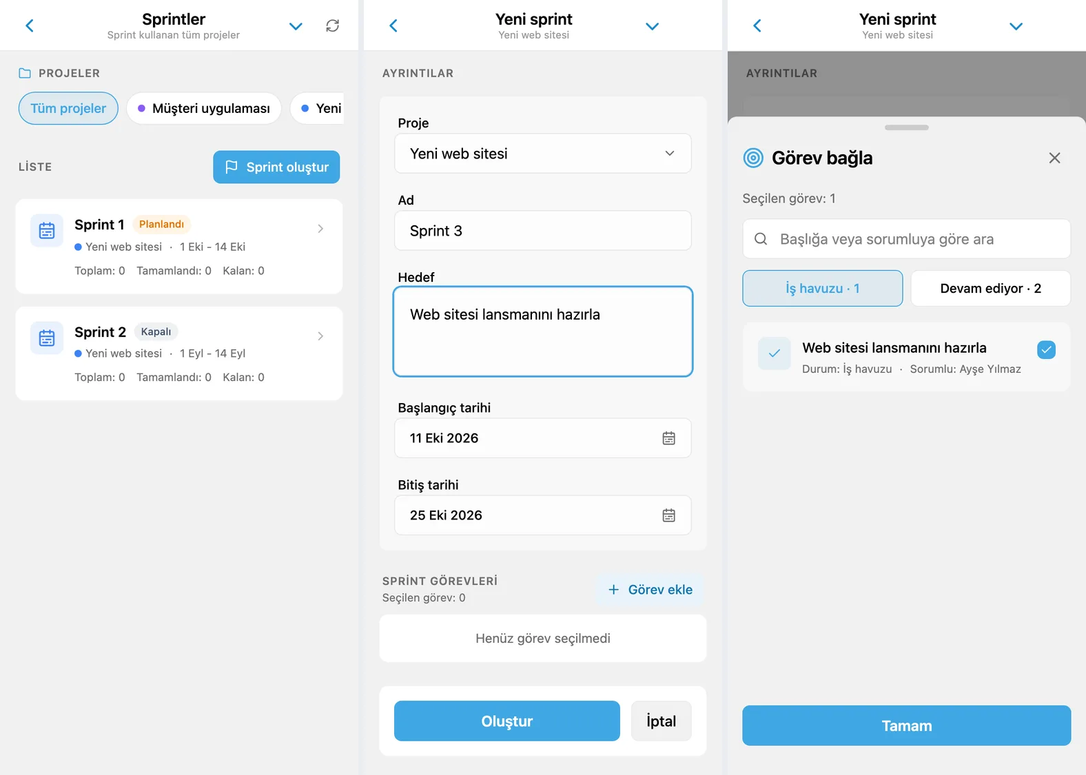 iTasks sprintleri: projenin sprint listesi, sprint oluşturma formu ve iş havuzundan görev seçimi