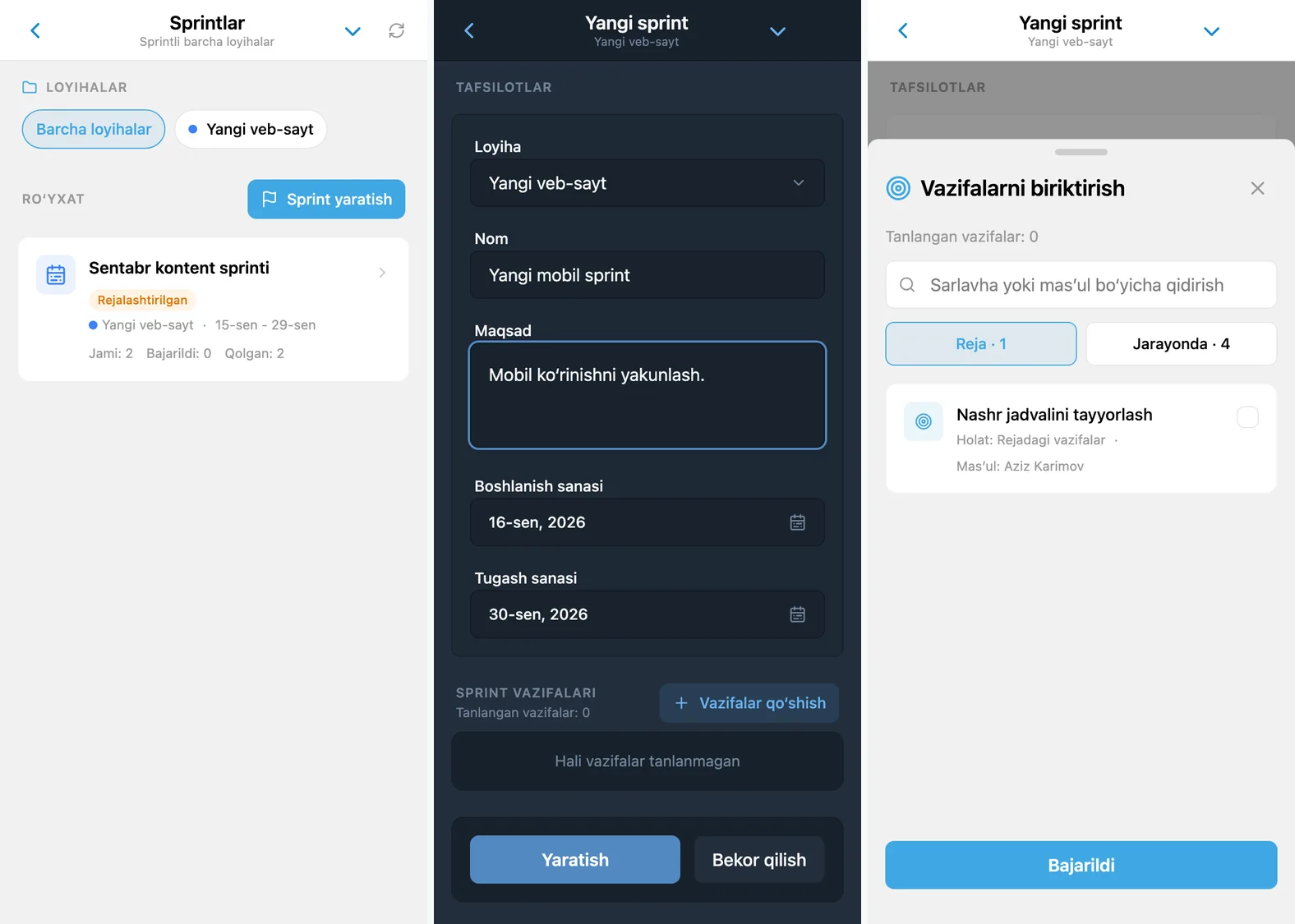 iTasks sprintlari: loyiha sprintlari ro‘yxati, sprint yaratish shakli va rejadagi vazifalardan tanlash