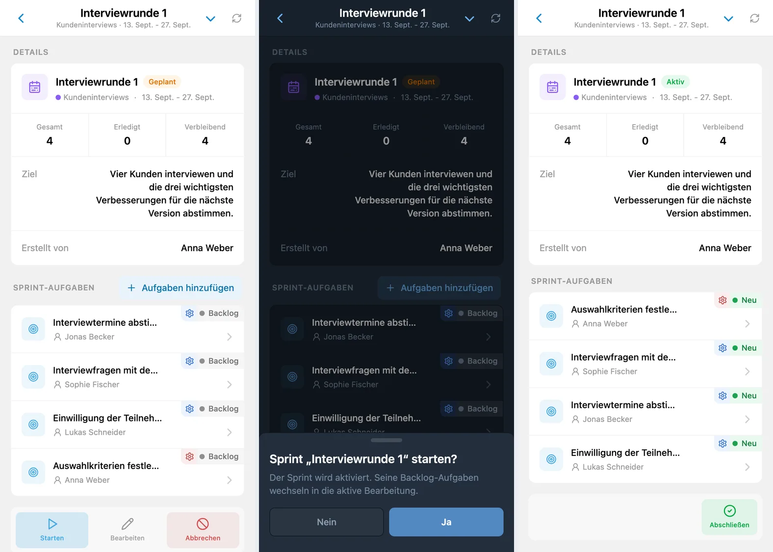 Sprintstart in iTasks: geplanter Sprint, Startbestätigung und aktiver Sprint
