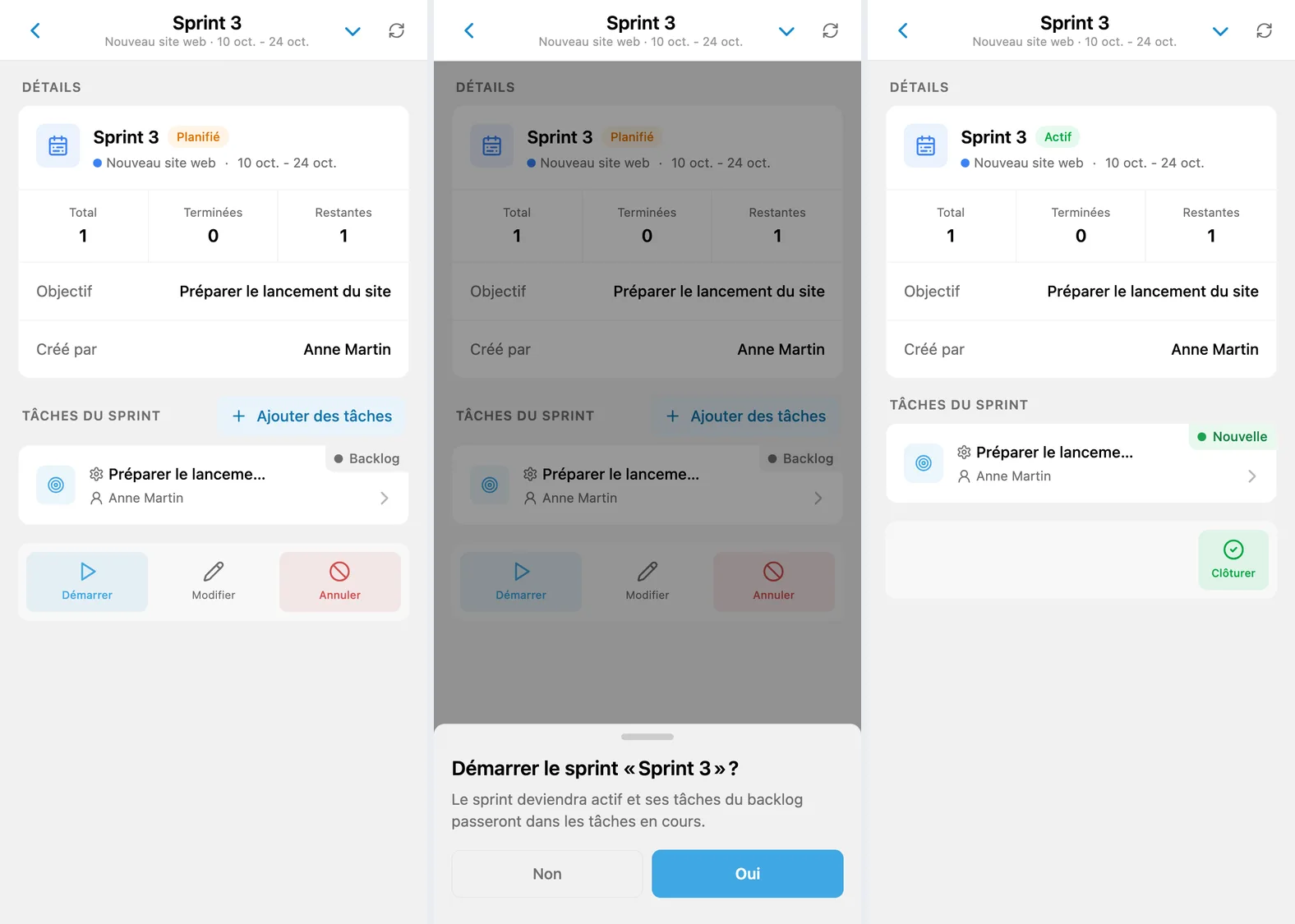 Détails du sprint planifié, confirmation de lancement et sprint actif
