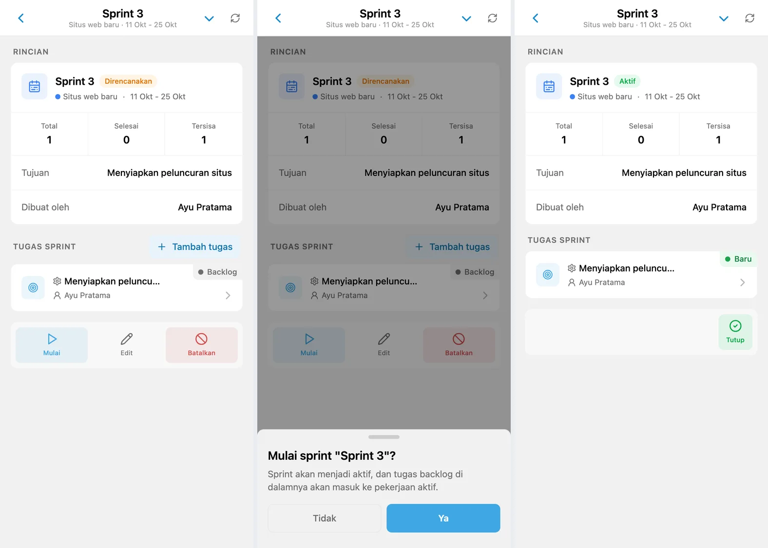 Detail sprint yang direncanakan, konfirmasi mulai, dan sprint aktif