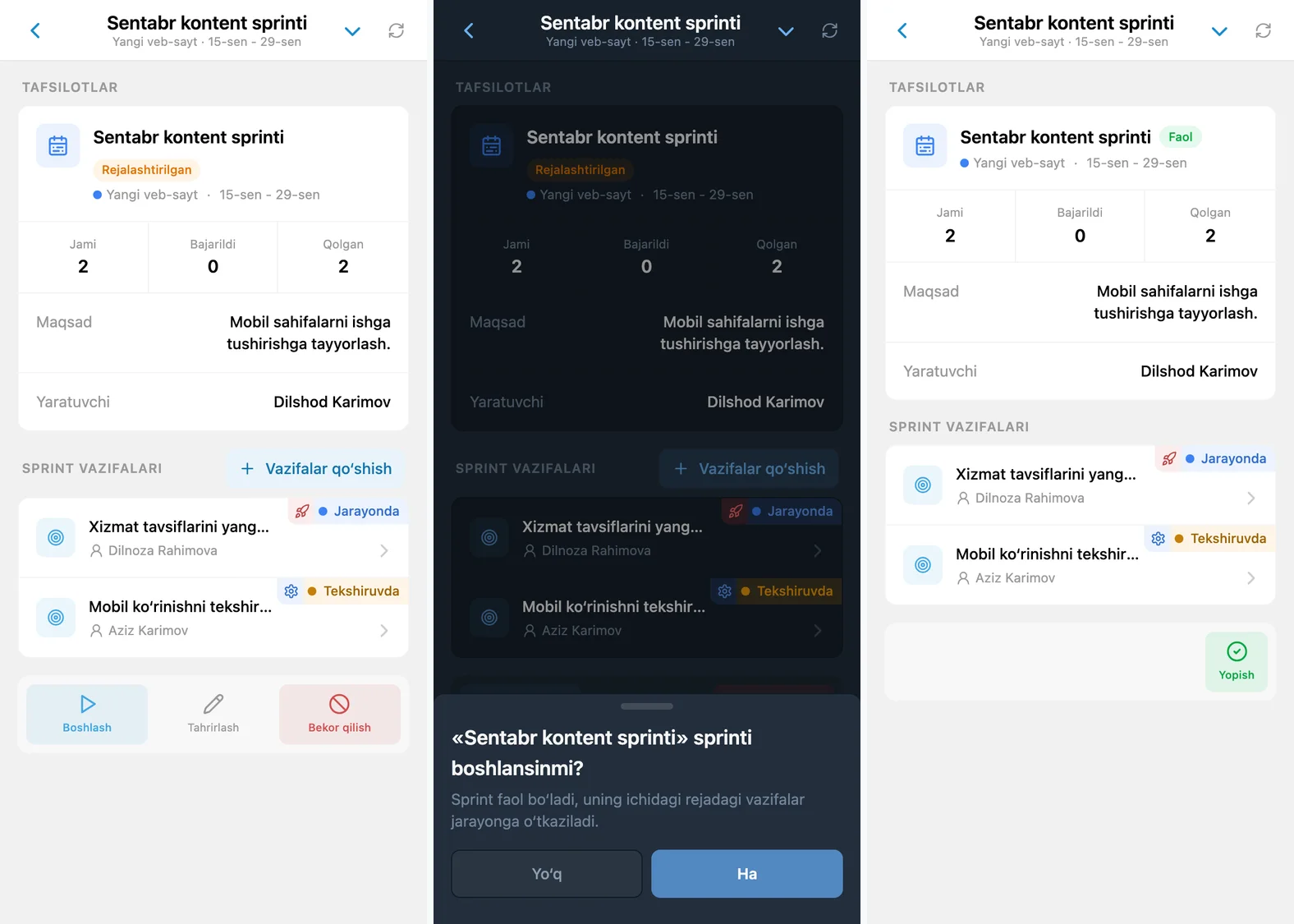 iTasks sprintini boshlash: rejalashtirilgan sprint tafsilotlari, boshlashni tasdiqlash va faol sprint