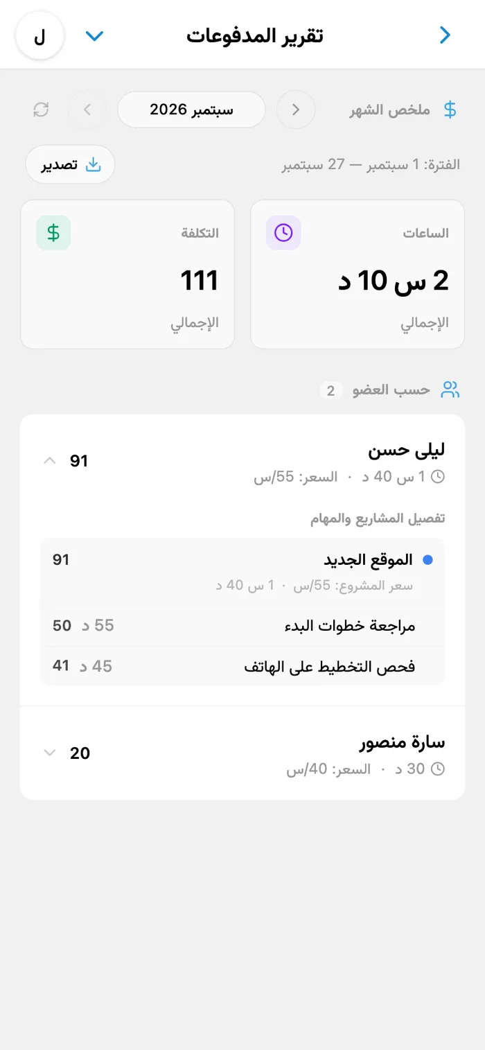 تقرير المدفوعات في iTasks: مجموع الساعات والتكلفة والأعضاء والمهام للشهر المختار