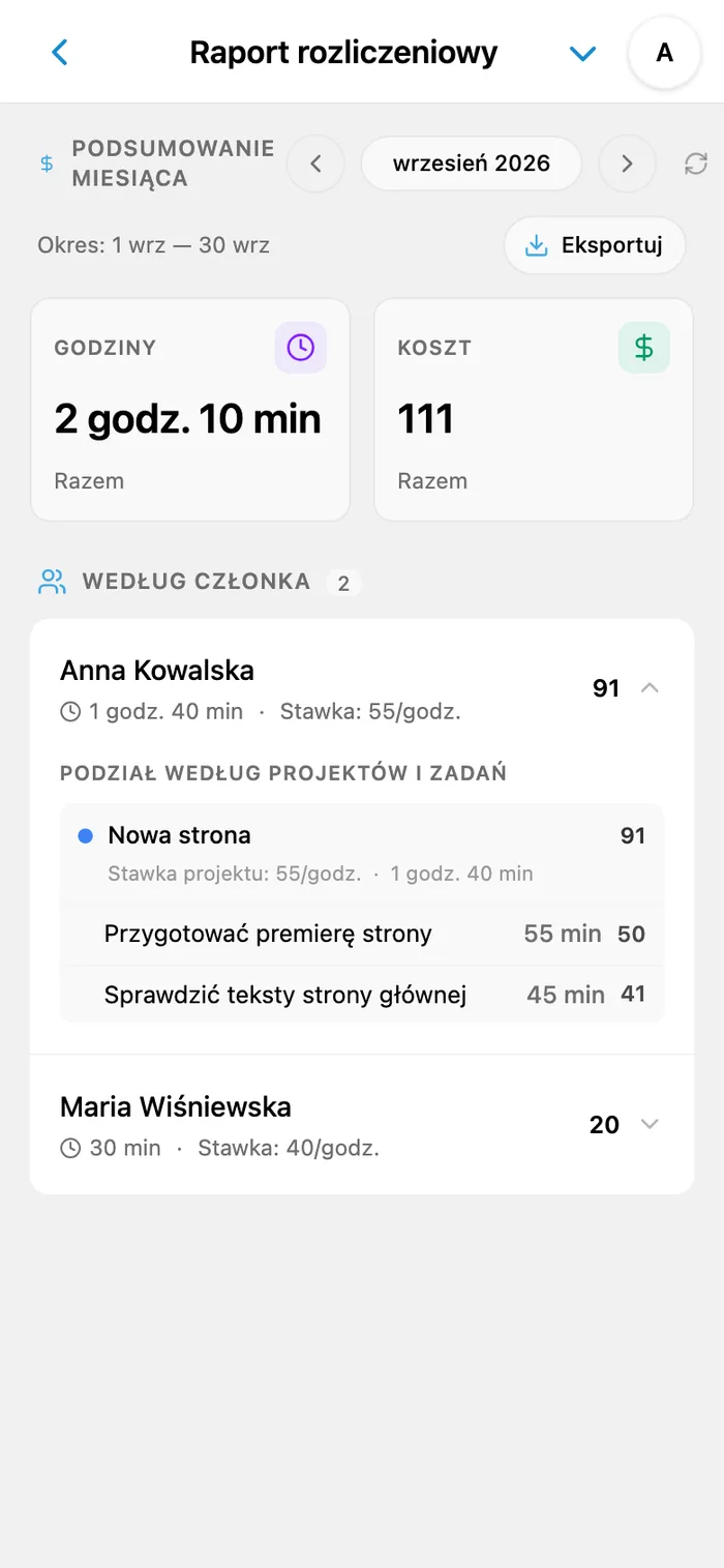 Raport iTasks: godziny, koszty, członkowie i zadania wybranego miesiąca