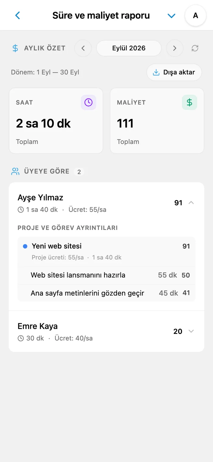 iTasks süre ve maliyet raporu: seçilen ayın toplam saati, maliyeti, üyeleri ve görevleri