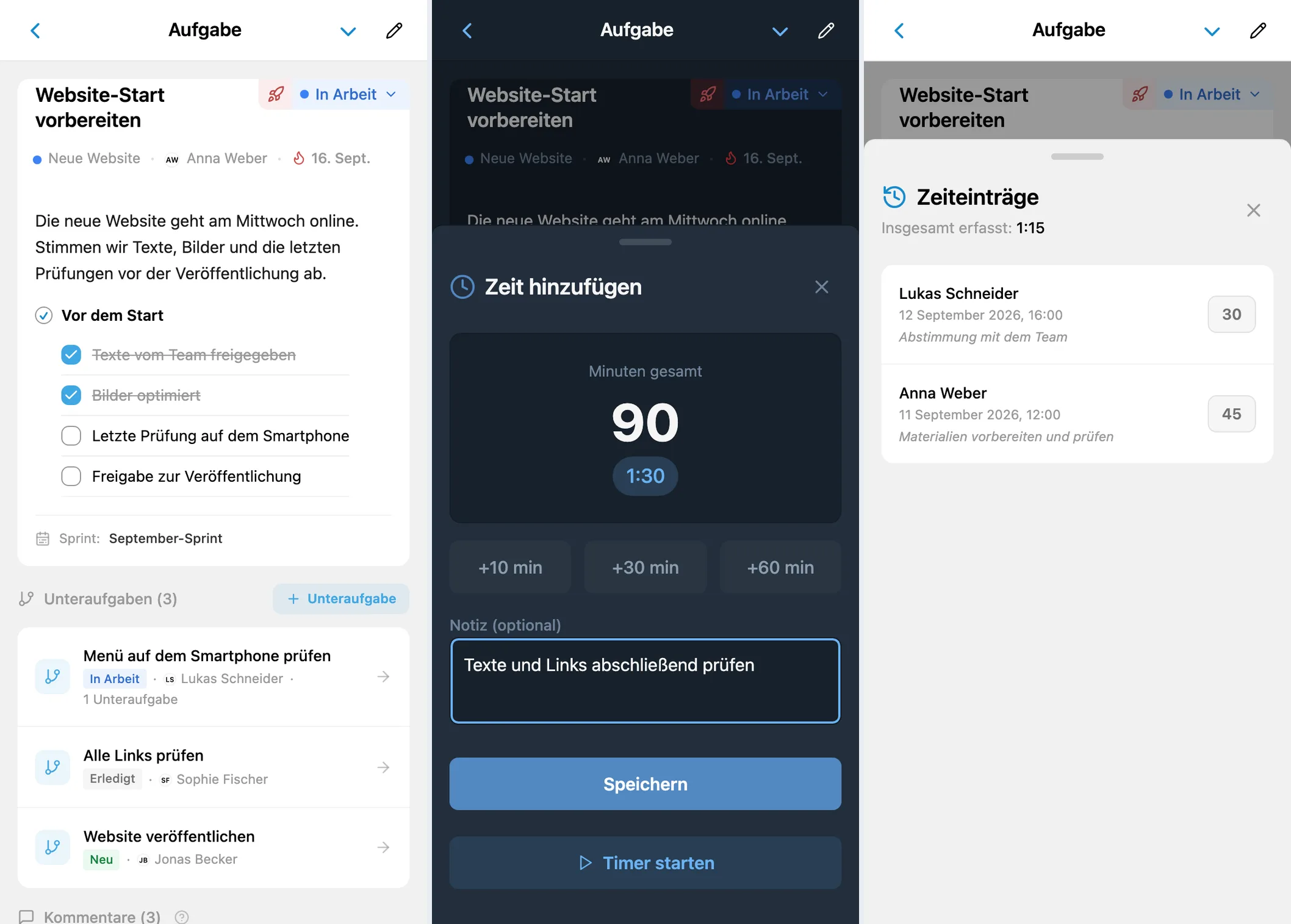 Zeiterfassung einer iTasks-Aufgabe: Zeitaktionen, Formular zum Buchen und Zeitverlauf