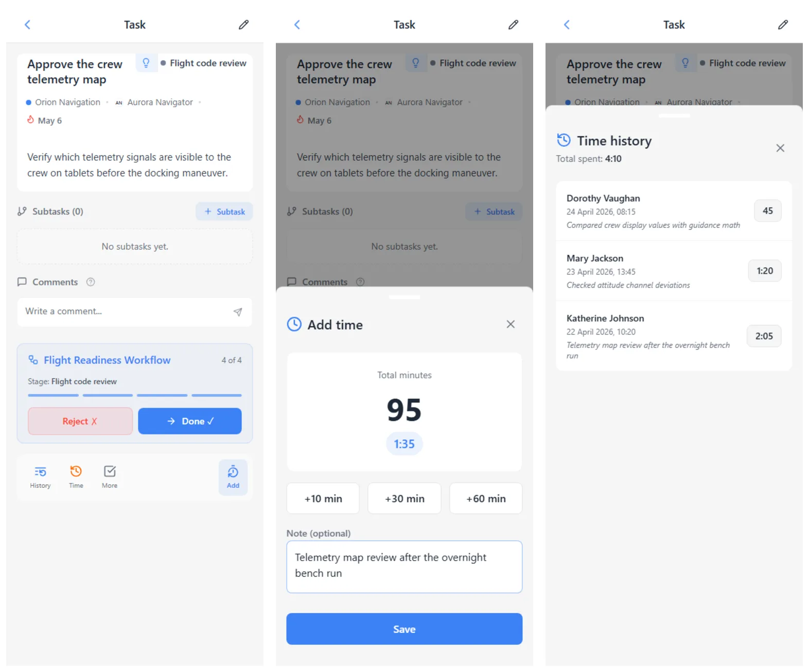 iTasks task time tracking: time actions, add-time form, and time history for a task