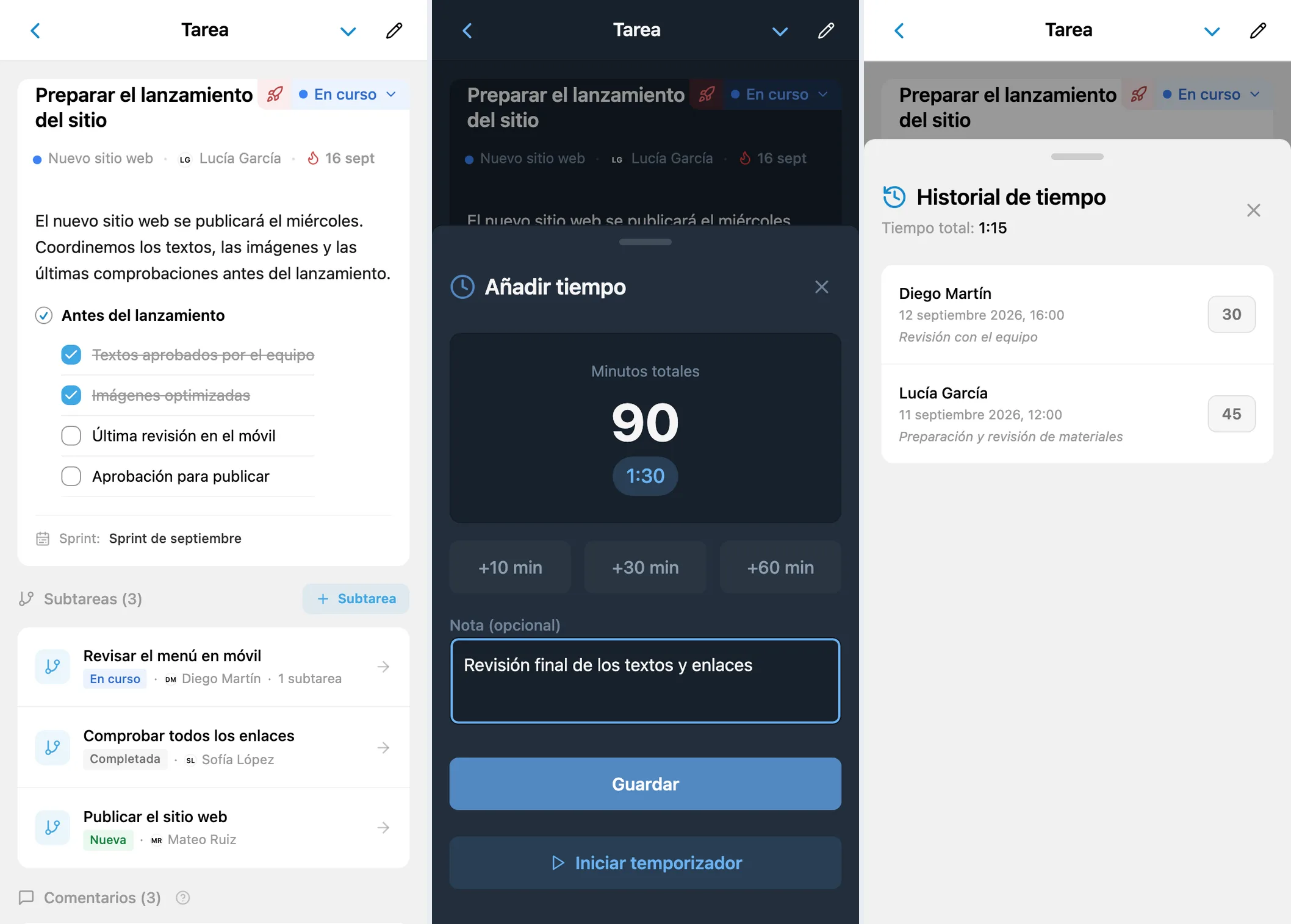Registro de tiempo de una tarea de iTasks: acciones, formulario para añadir tiempo e historial