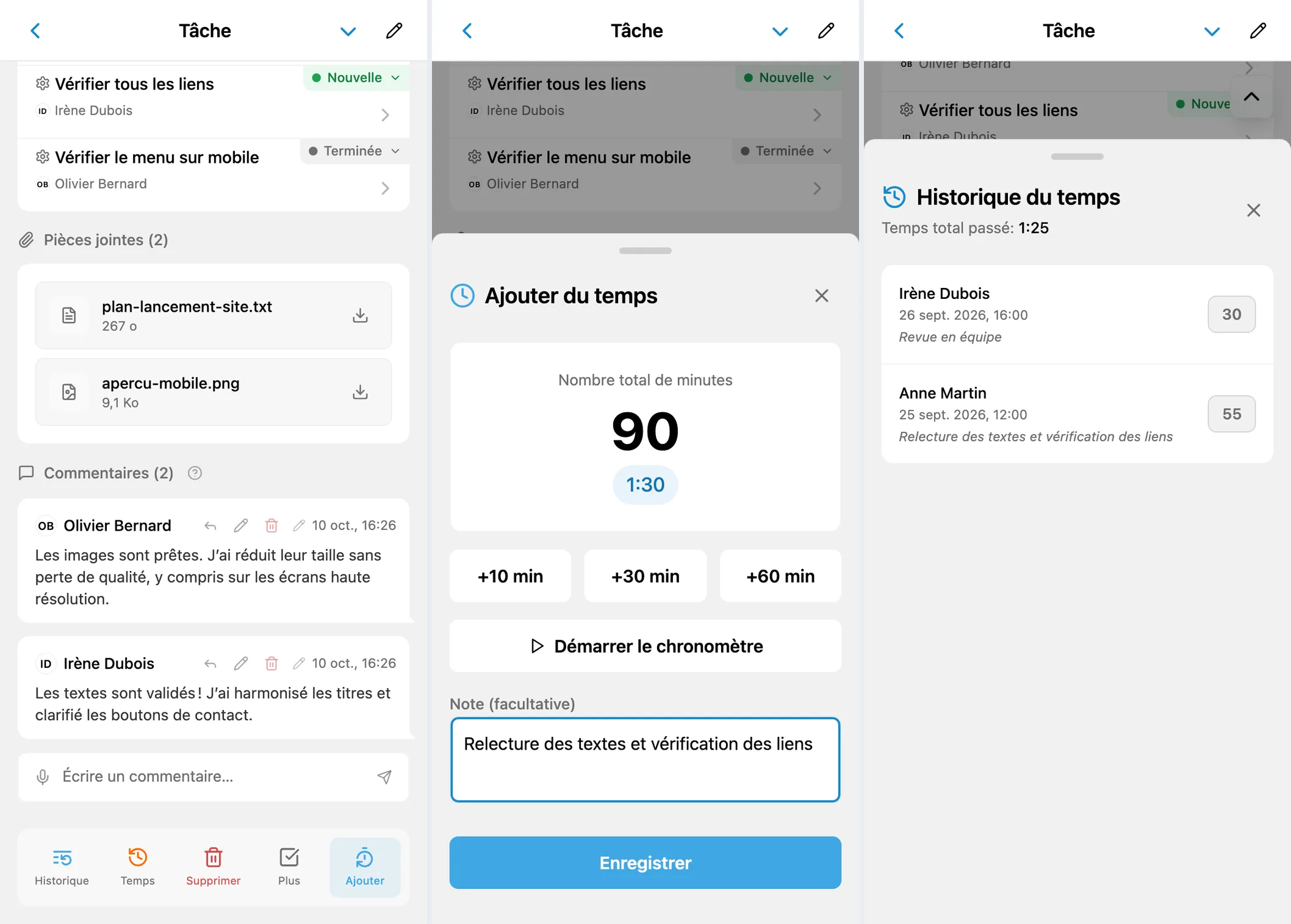 Actions de temps, formulaire d’ajout et historique d’une tâche iTasks