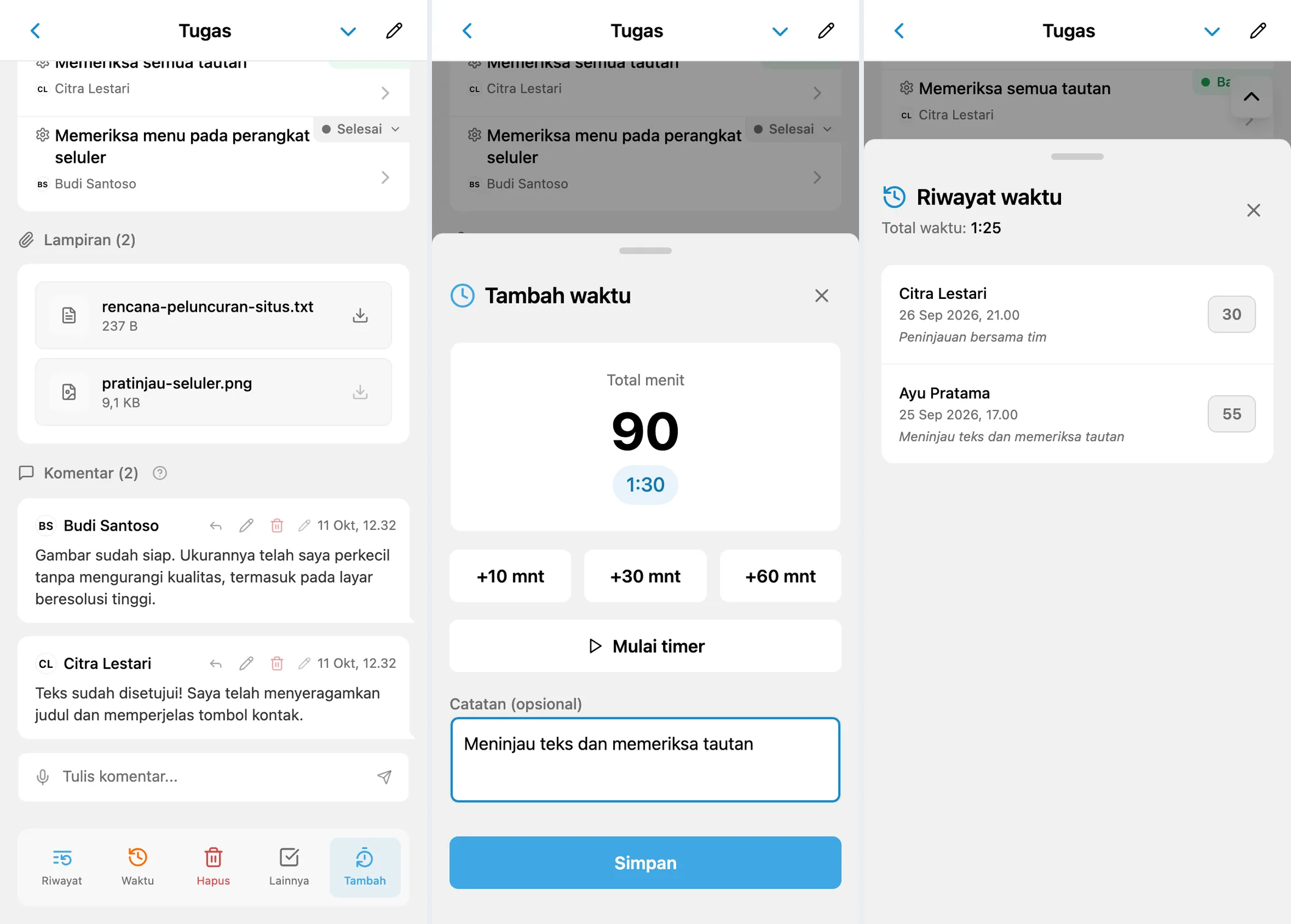 Tindakan waktu, formulir penambahan, dan riwayat waktu tugas iTasks