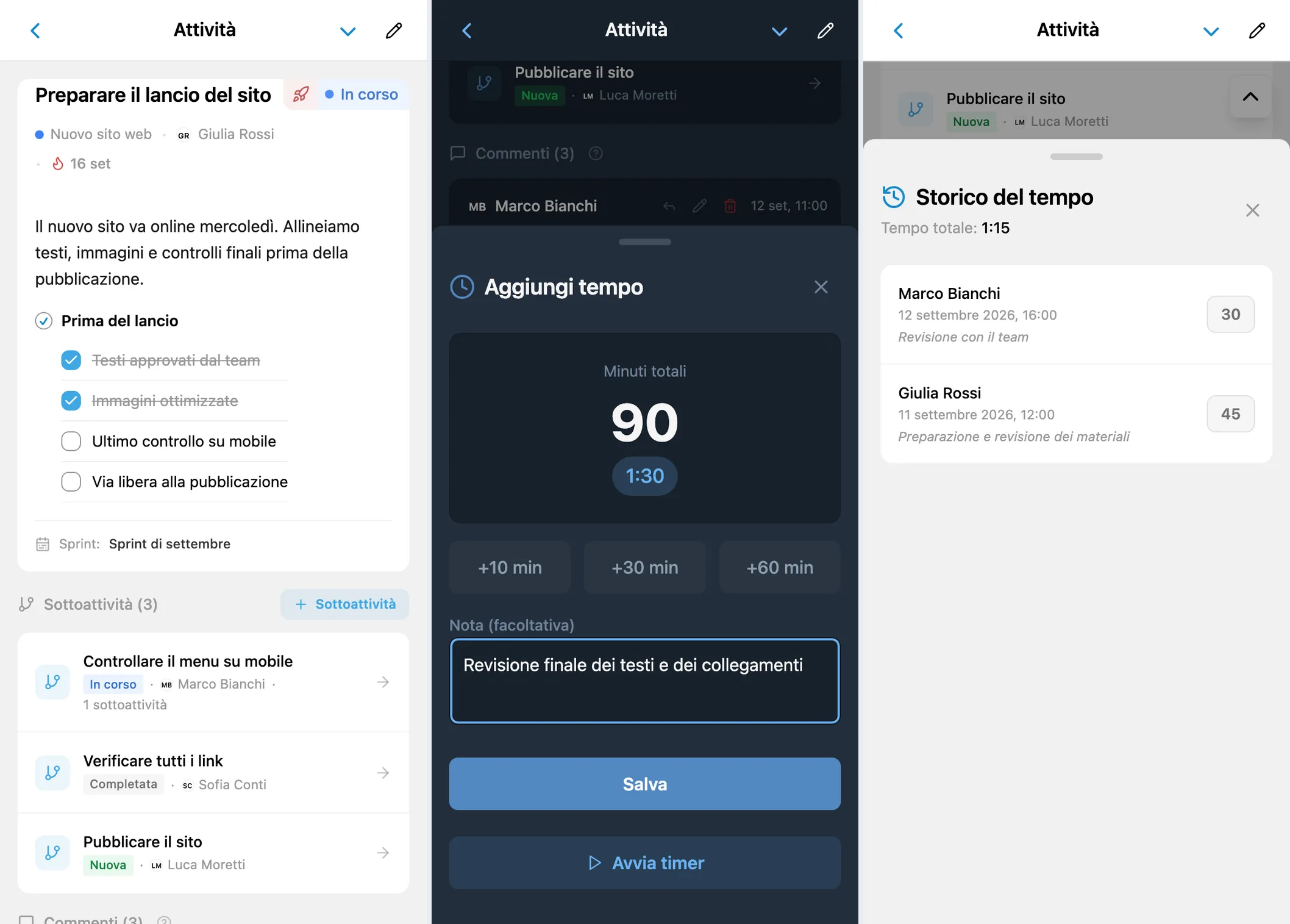 Monitoraggio del tempo in iTasks: comandi, modulo di aggiunta e cronologia del tempo dell’attività