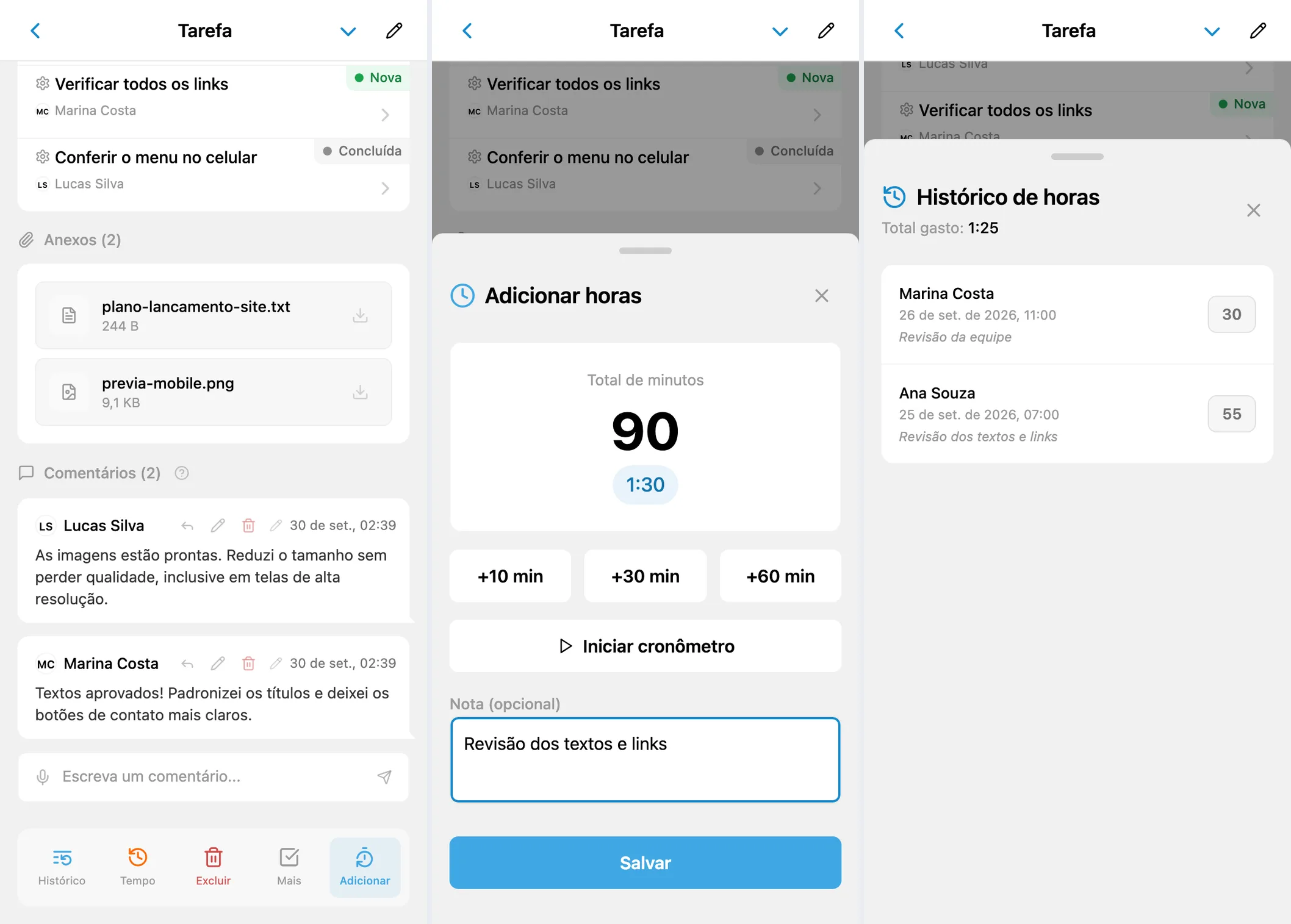 Acompanhamento de tempo na tarefa: ações, formulário de registro e histórico de horas no iTasks
