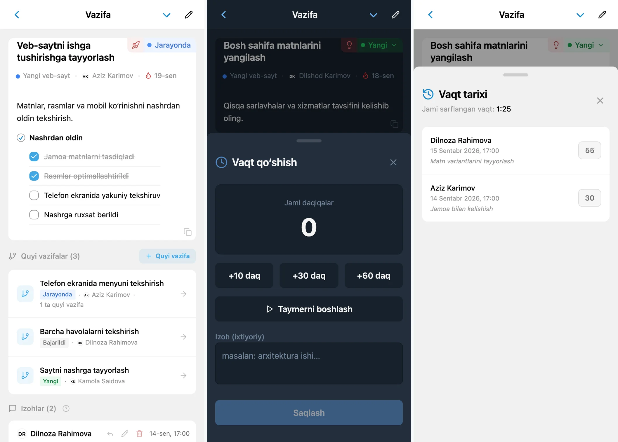 iTasks vazifasida vaqt hisobi: vaqt amallari, vaqt qo‘shish shakli va vazifa vaqt tarixi