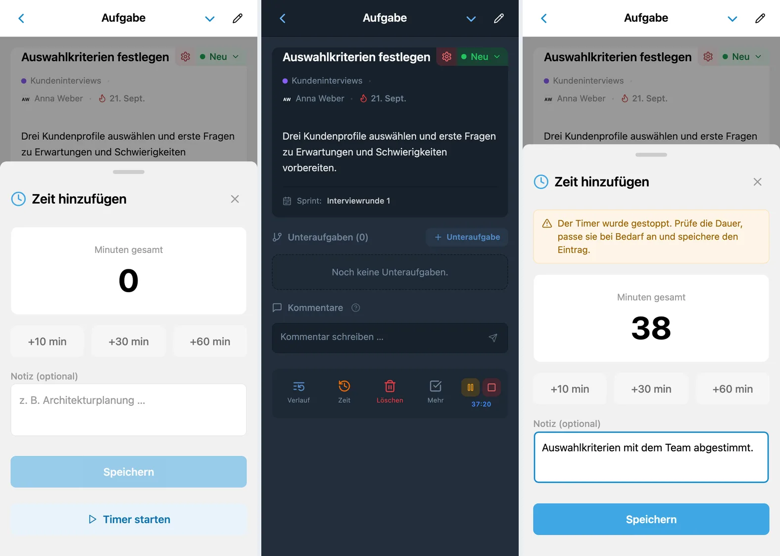 Aufgabentimer in iTasks: Start im Formular, laufender Timer in den Details und Speichern der berechneten Dauer