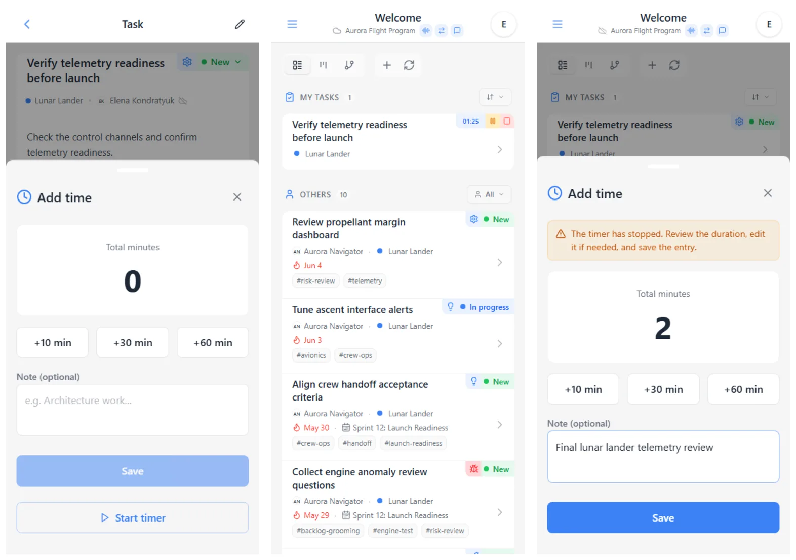 iTasks task timer: starting from the time form, active timer controls in the task list, and saving the calculated result