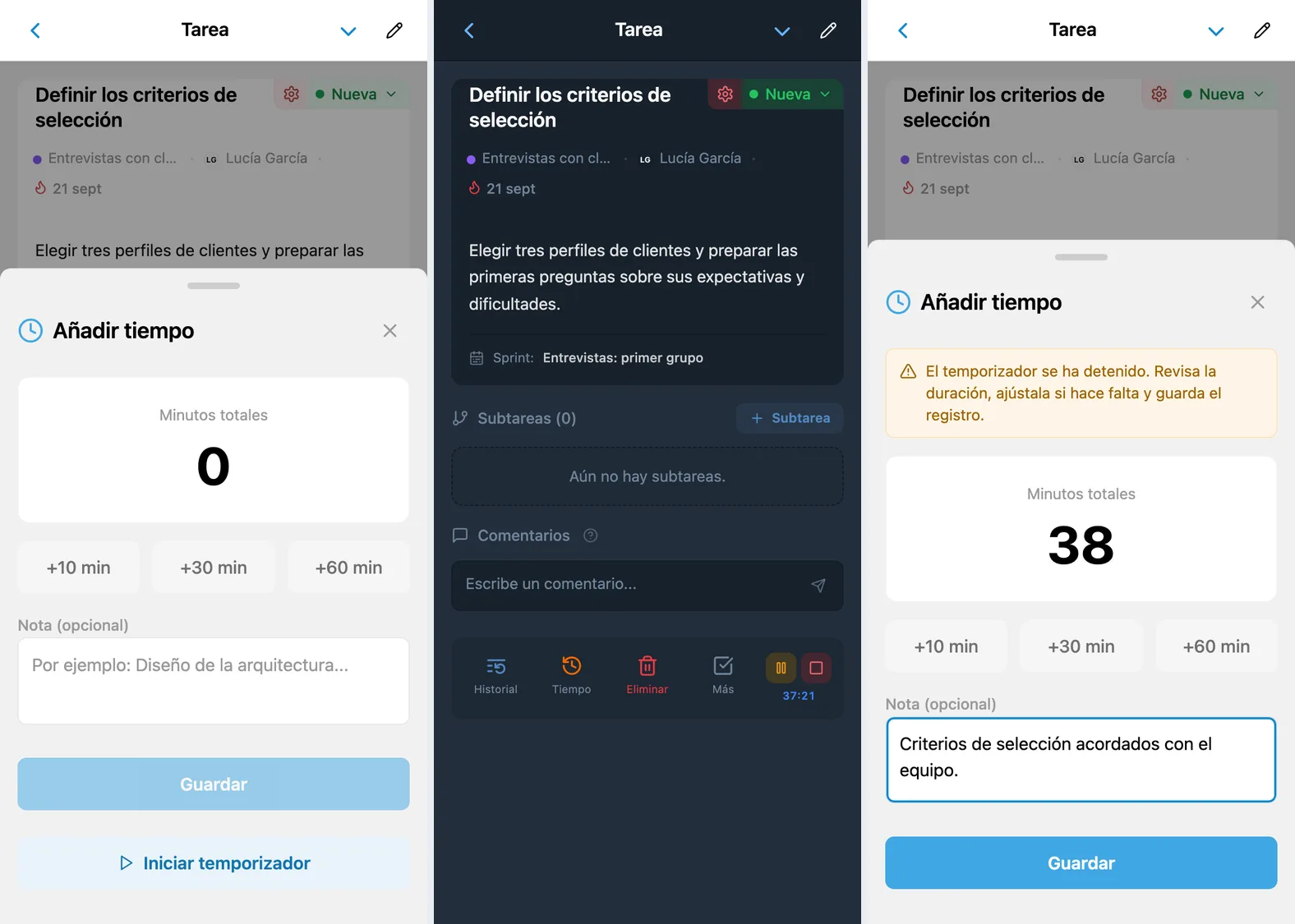 Temporizador de iTasks: inicio desde el formulario, controles en la ficha y guardado de la duración calculada