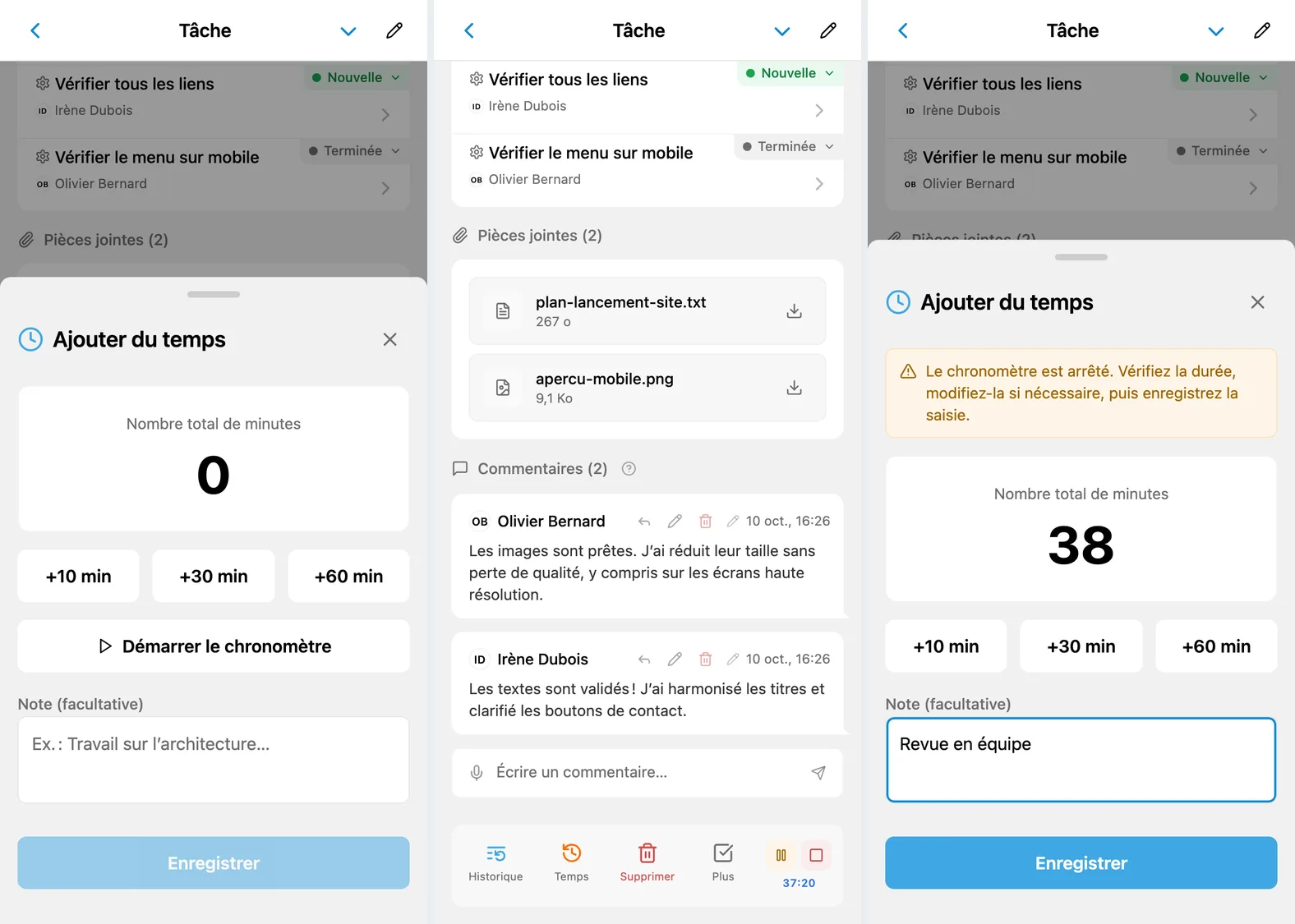 Démarrage du chronomètre, commandes dans la fiche et enregistrement de la durée